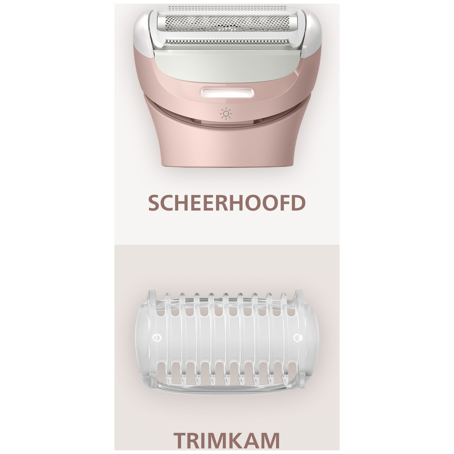 Top: Pink and white shaver head. Bottom: Clear plastic trim comb.