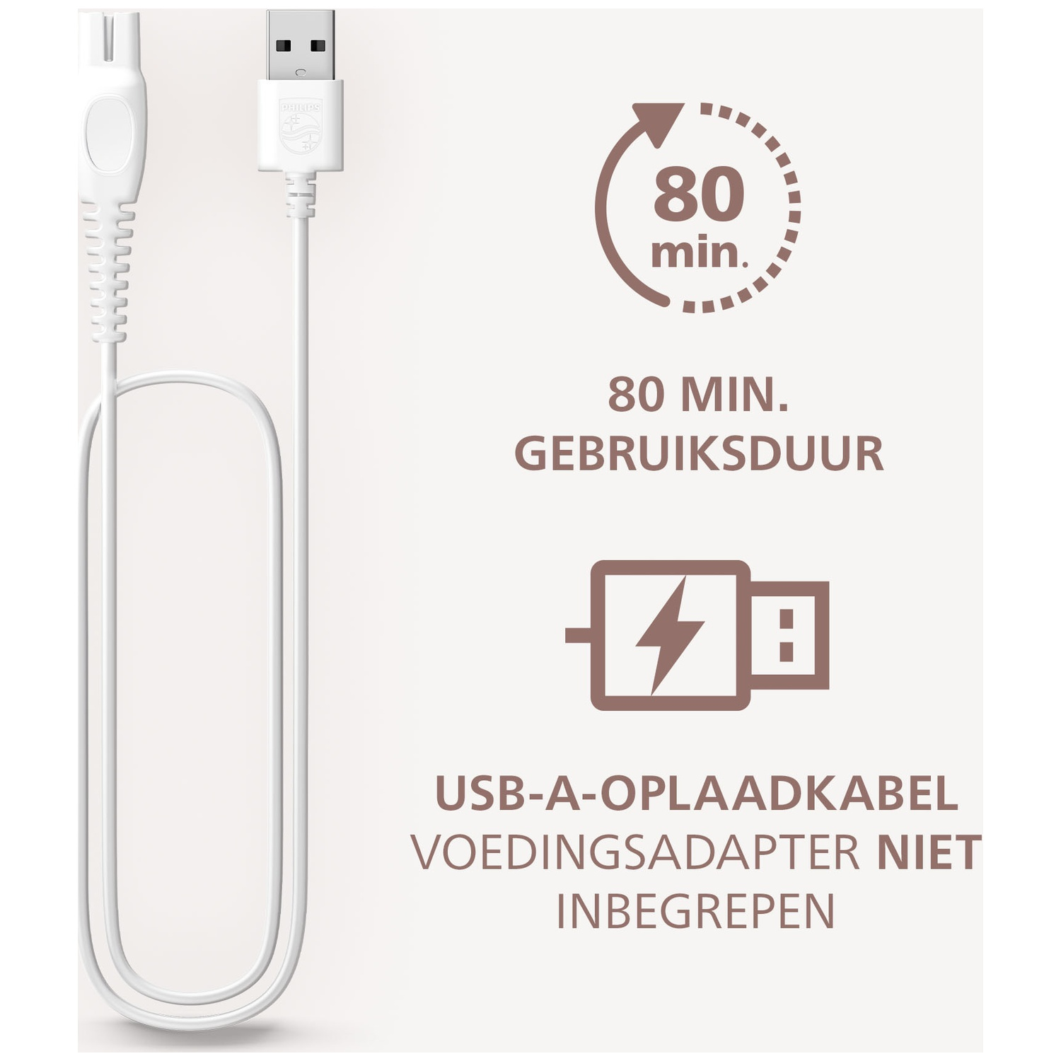 A white USB-A charging cable with a shaver head connector. Text includes '80 min' and 'USB-A-OPLAADKABEL'.