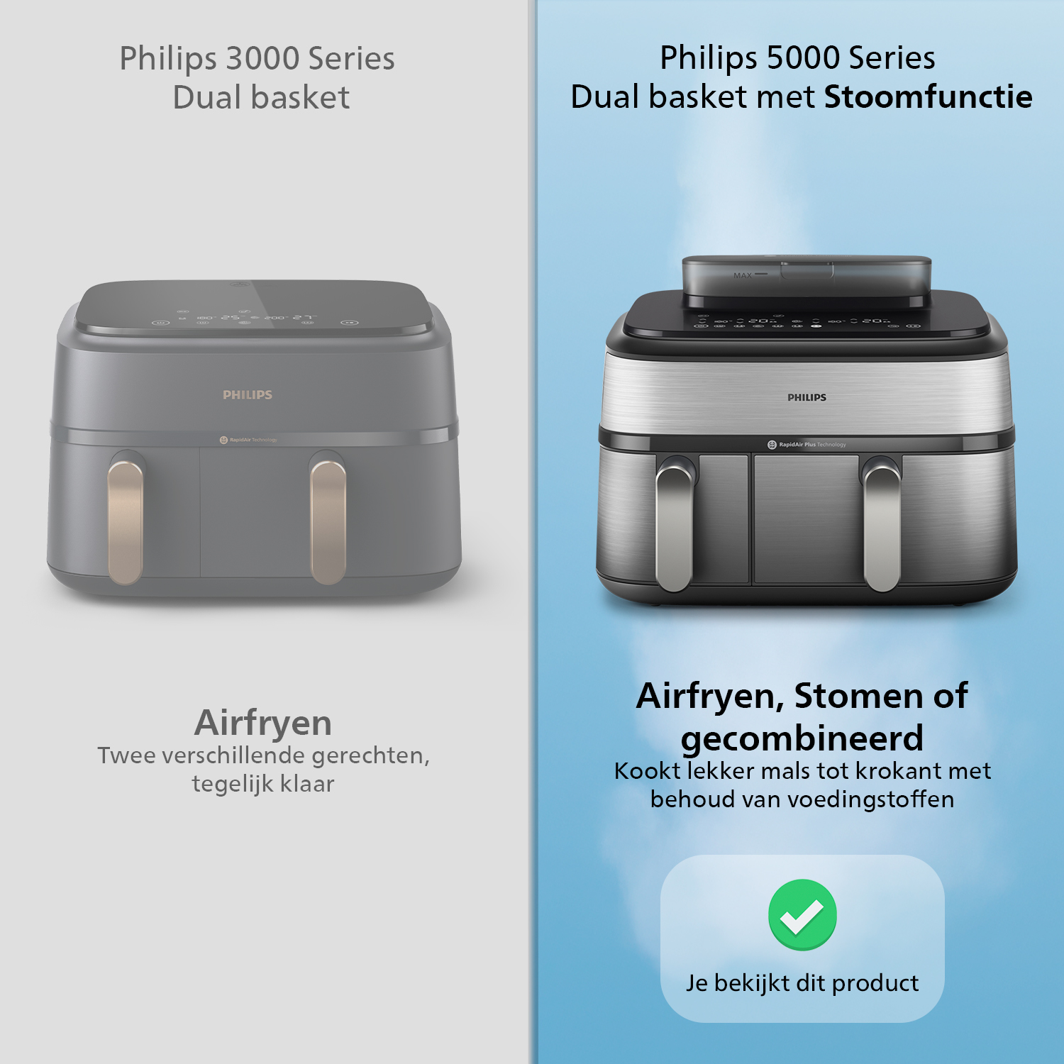 Twee Philips airfryers naast elkaar. Eén is de 3000-serie, de andere de 5000-serie met stoom. Tekst bevat productdetails en kenmerken.
