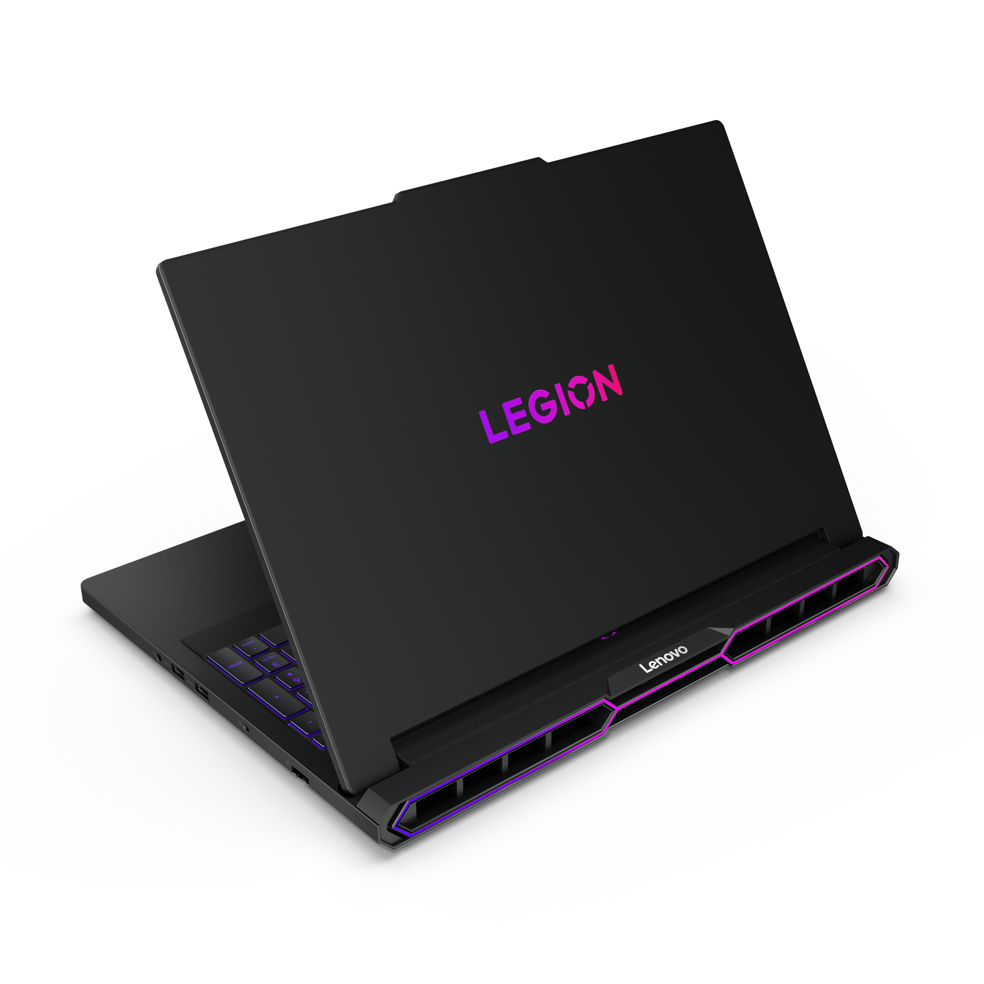 Zwarte Lenovo Legion laptop, gedeeltelijk open. Het Legion logo is zichtbaar. Het toetsenbord heeft paarse achtergrondverlichting.