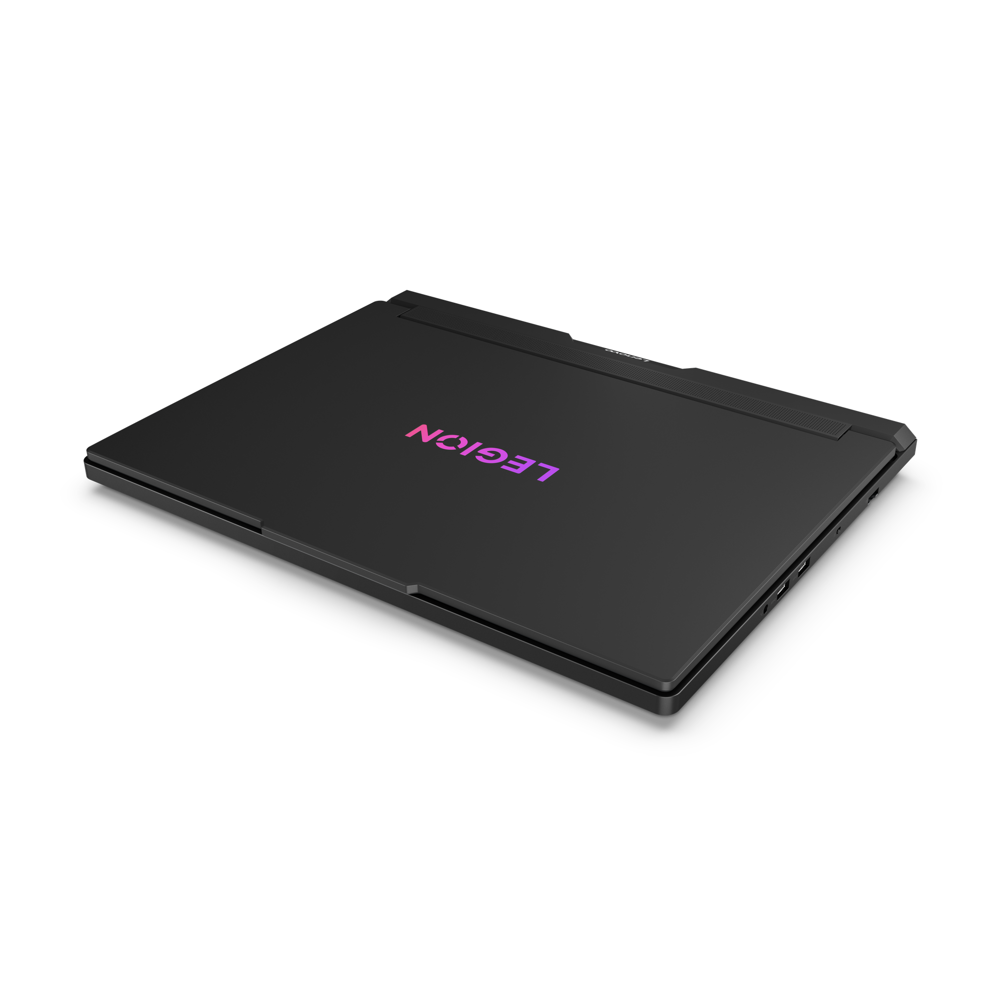 Zwarte laptop, bovenaanzicht, met het woord LEGION in paars. De achtergrond is effen zwart.
