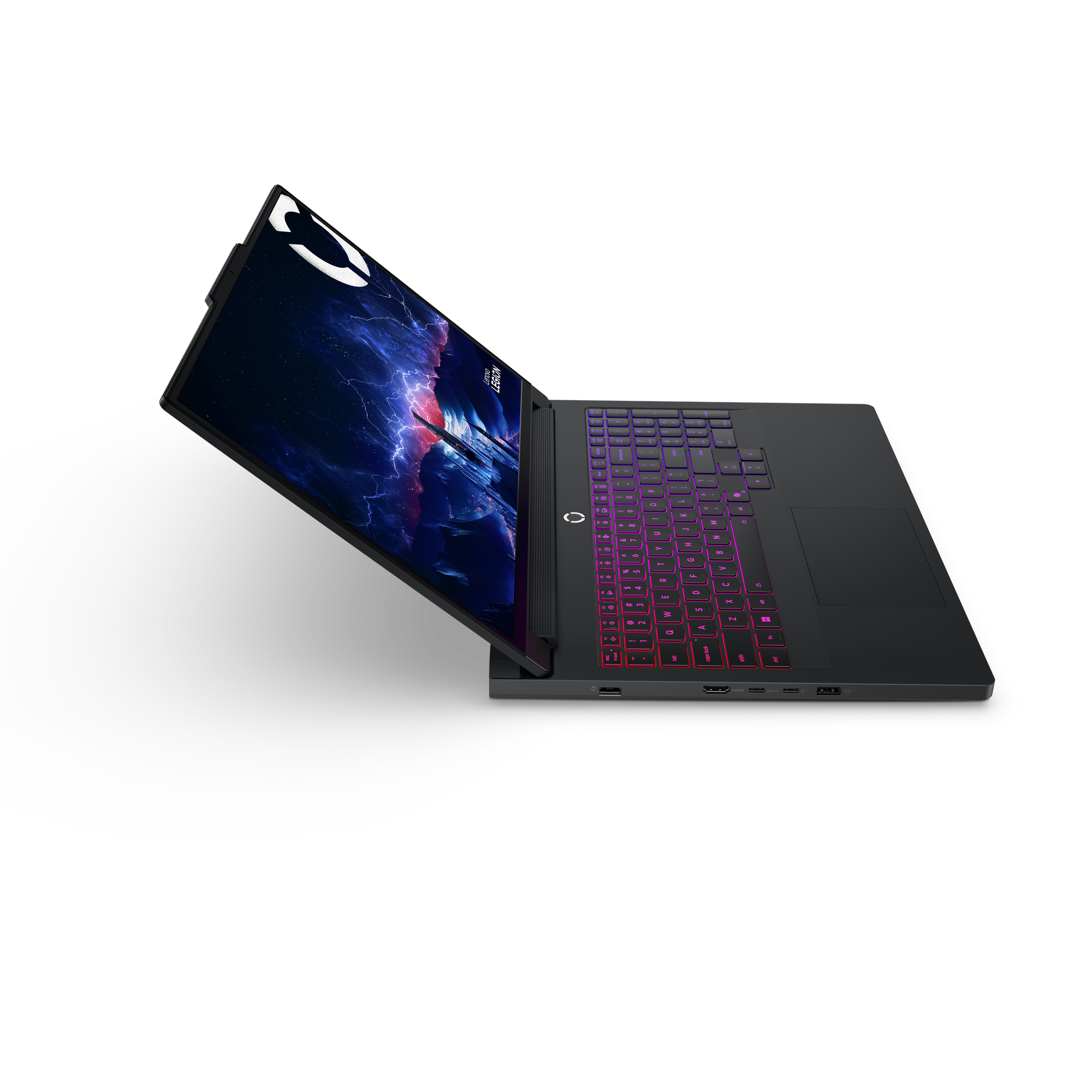 Zwarte laptop met open scherm. Toetsenbord heeft kleurrijke lichten. Scherm toont een galaxy-achtig ontwerp. Lenovo Legion logo.