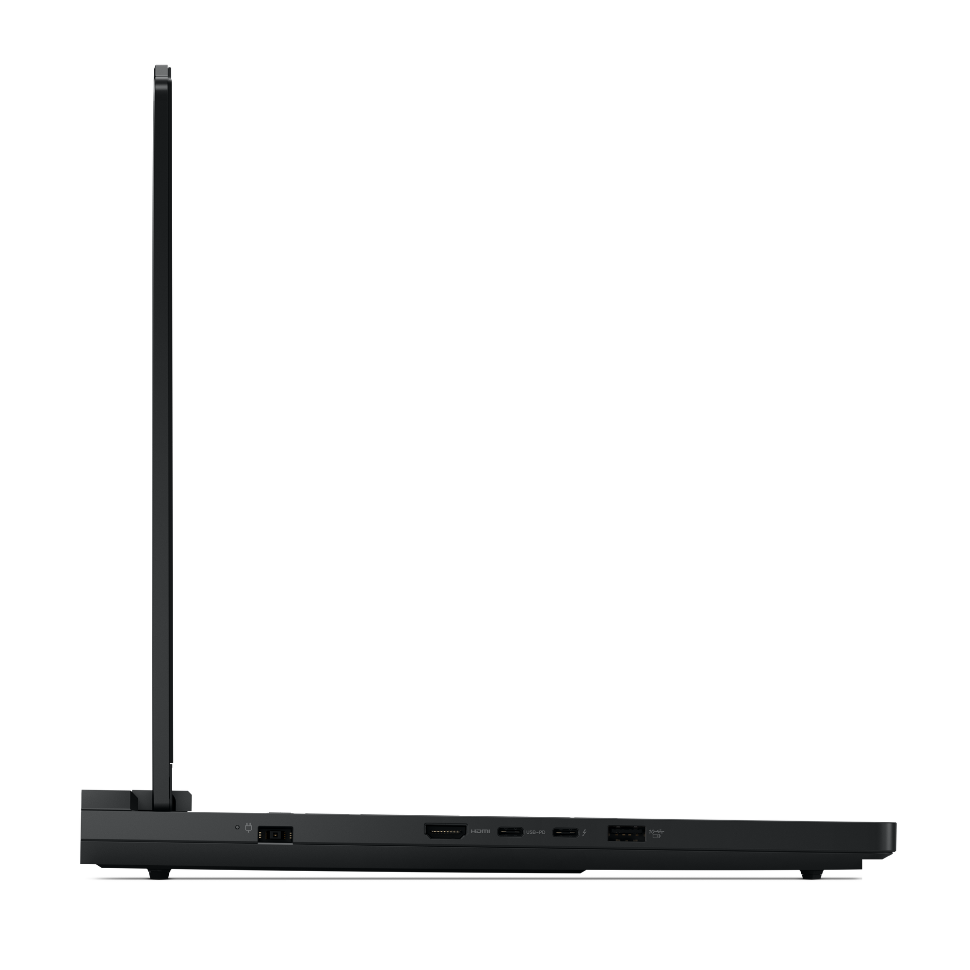Zijaanzicht van een zwarte laptop. Het scherm is open. Zichtbare poorten zijn HDMI, USB-PD en USB.