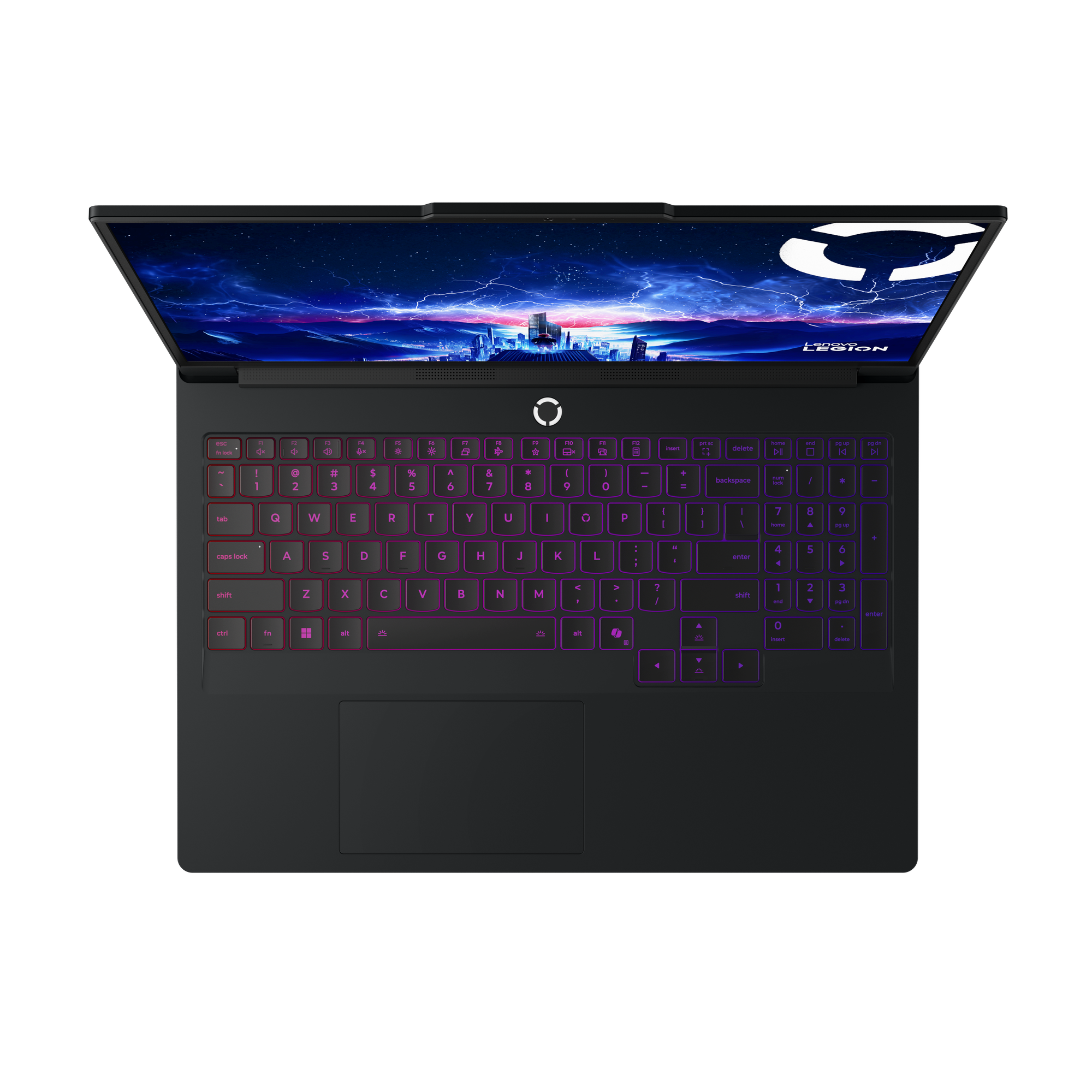 Opengeklapte laptop met verlicht toetsenbord. Scherm toont stadslandschap met sterrenhemel. Legion logo zichtbaar.