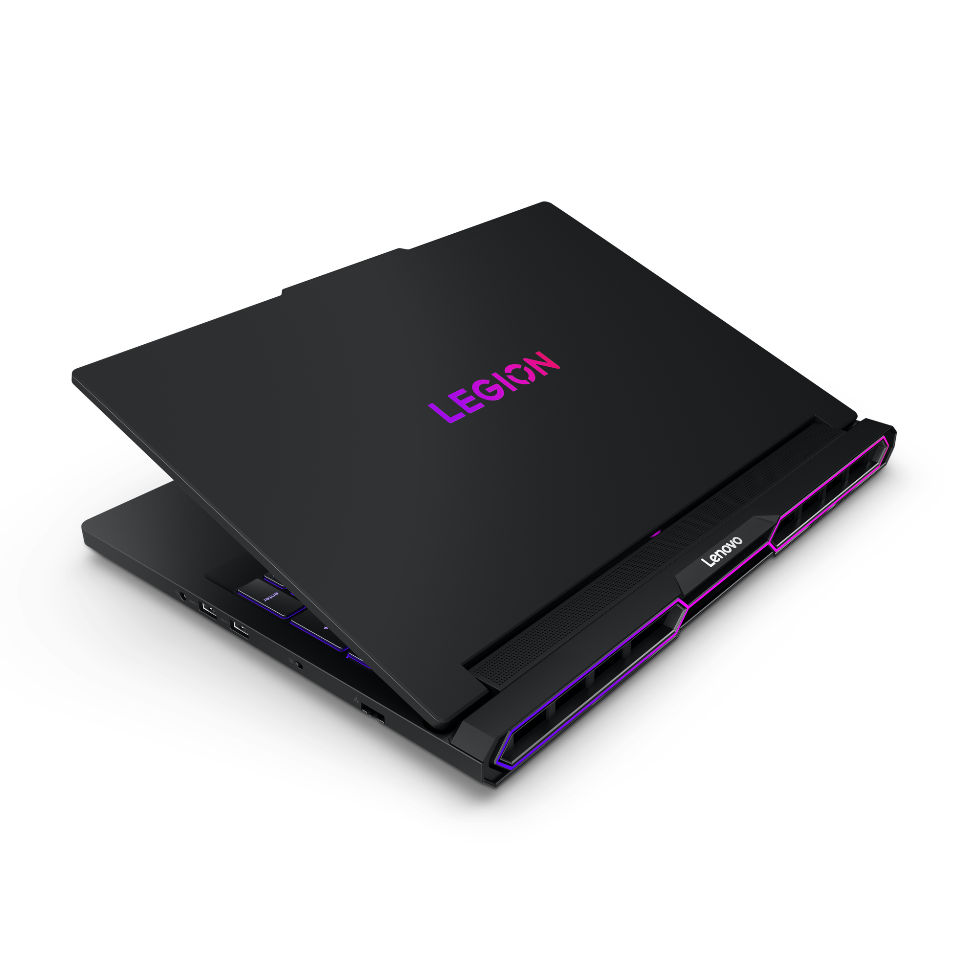 Zwarte Lenovo Legion laptop, open. Het Legion-logo gloeit paars. Verlicht toetsenbord en randen zijn paars verlicht.