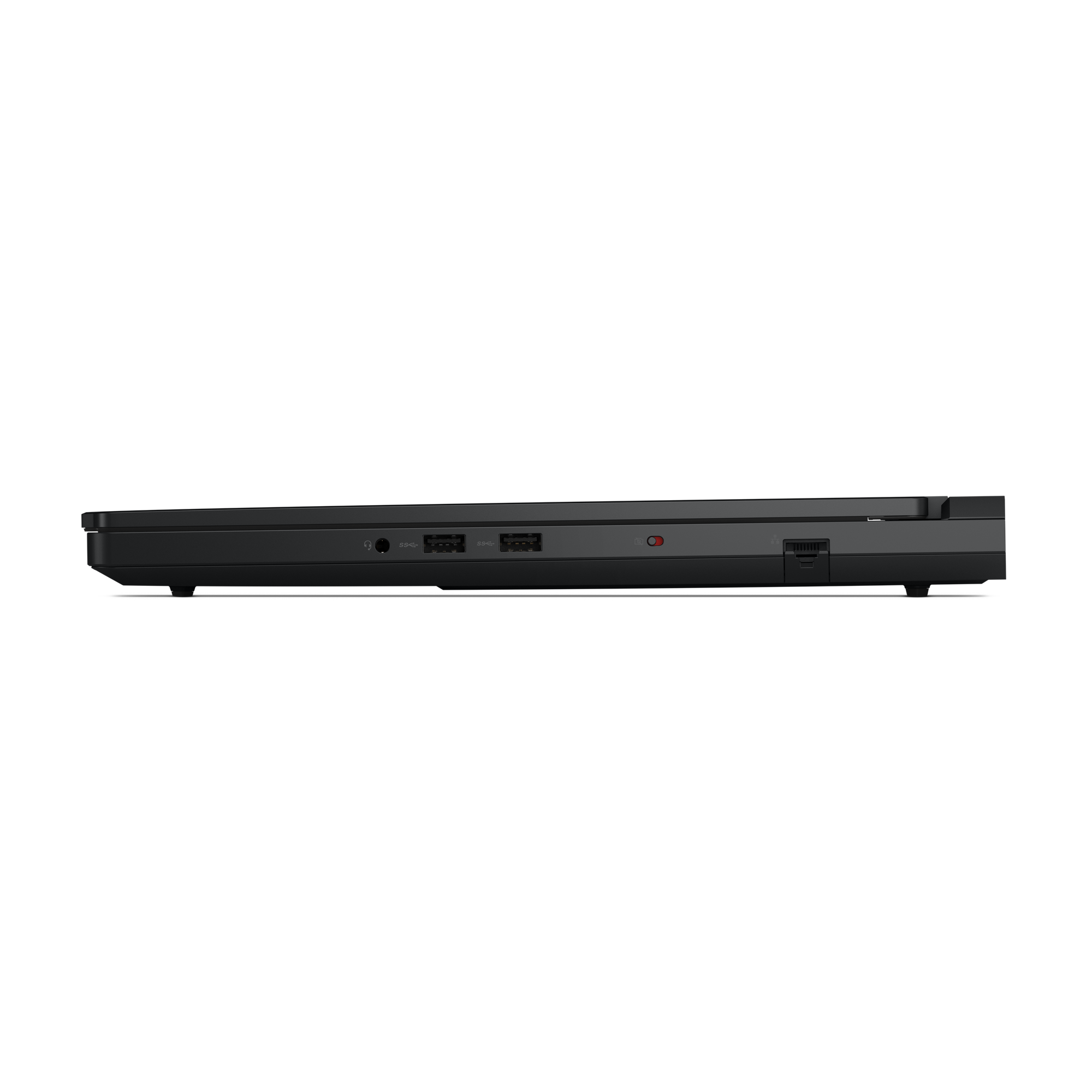 Zijaanzicht van een zwarte laptop. Zichtbare poorten zijn USB, audio jack en een aan/uit-knop.