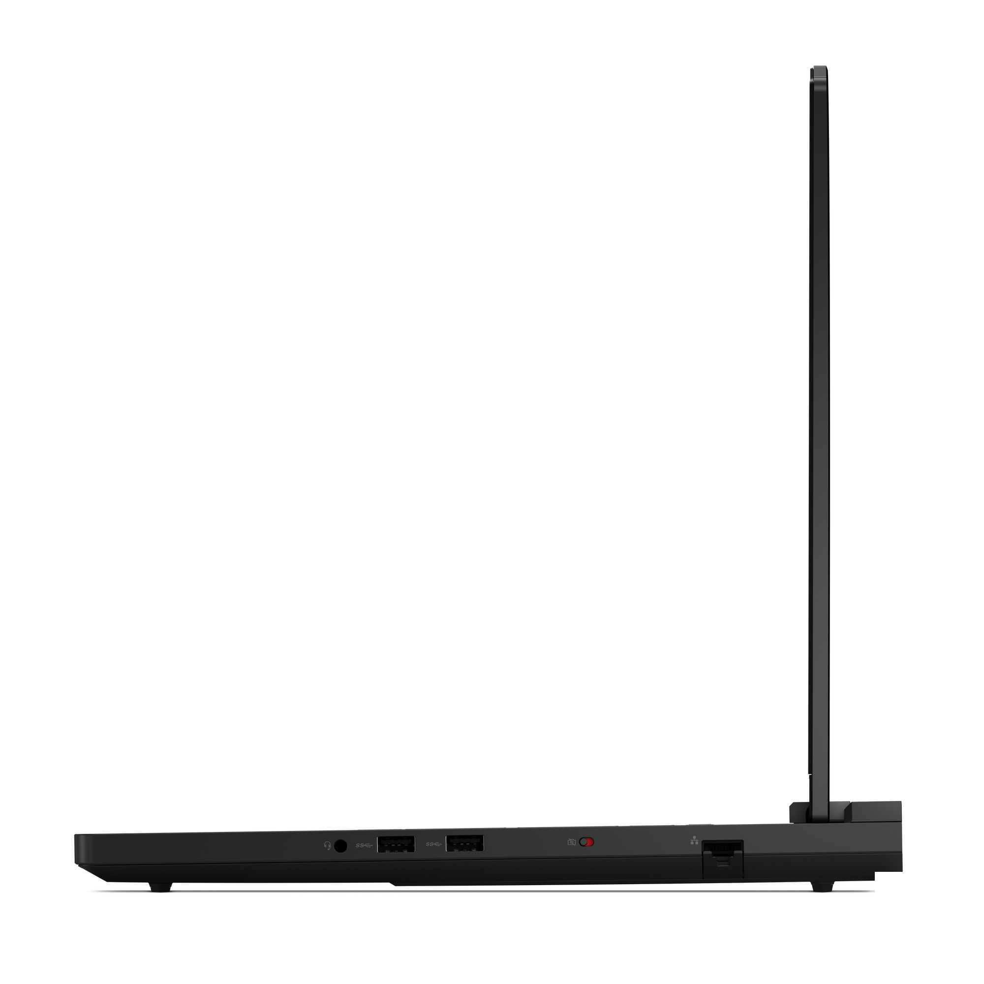 Zijaanzicht van een zwarte laptop. Het scherm is open. Poorten zijn zichtbaar: audio, USB en voeding.