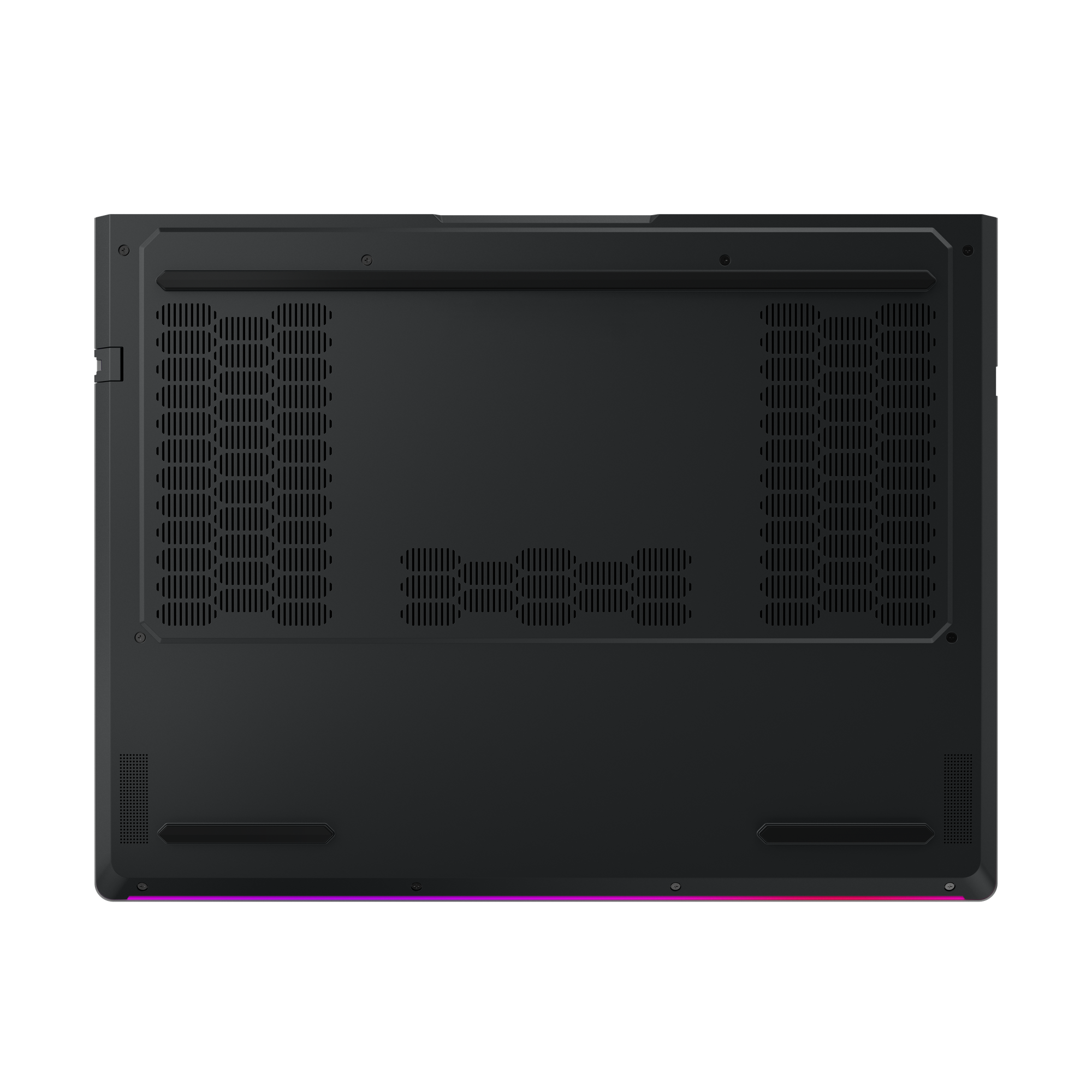 Zwarte laptopbasis met ventilatieopeningen. Paarse en rode lichtstrip aan de onderkant. Rechthoekige en afgeronde openingen.