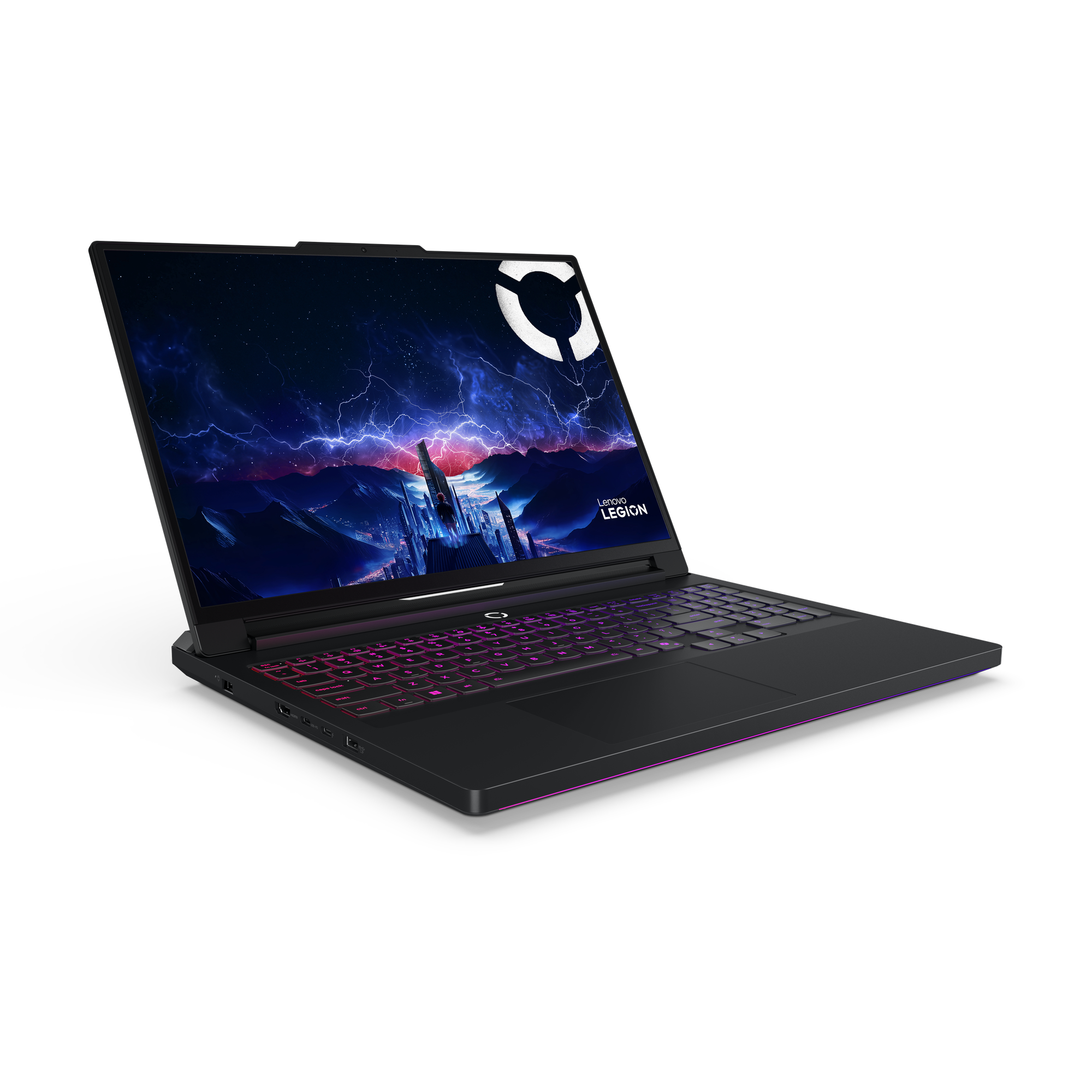 Zwarte Lenovo Legion laptop open. Scherm toont een fantasielandschap met bliksem. Toetsenbord heeft roze/paarse achtergrondverlichting.
