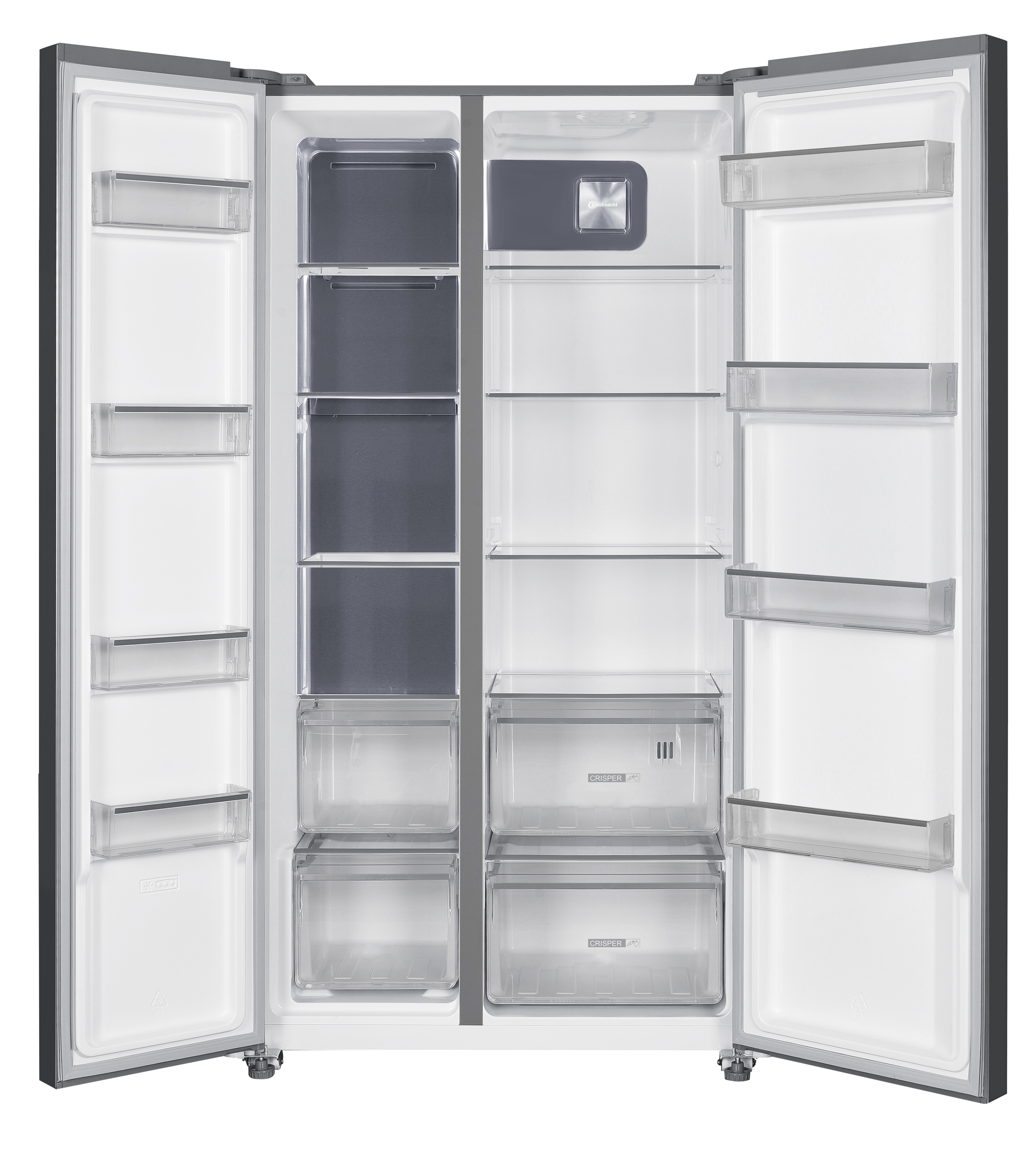 Ein offener, leerer, grauer Kühlschrank mit Regalen und Schubladen. Die Gefrier- und Kühlschranktüren sind offen.