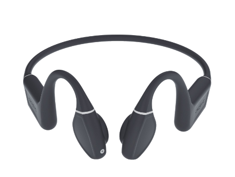 Ciemnoszare słuchawki przewodnictwa kostnego. Konstrukcja obejmuje wkładki douszne, pałąk na szyję i zakrzywioną część za uszami.