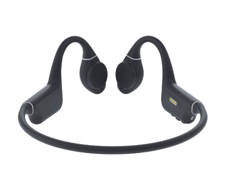Czarne słuchawki kostne. Mają dwa elementy douszne połączone pałąkiem na szyję. Widoczne są małe białe akcenty.