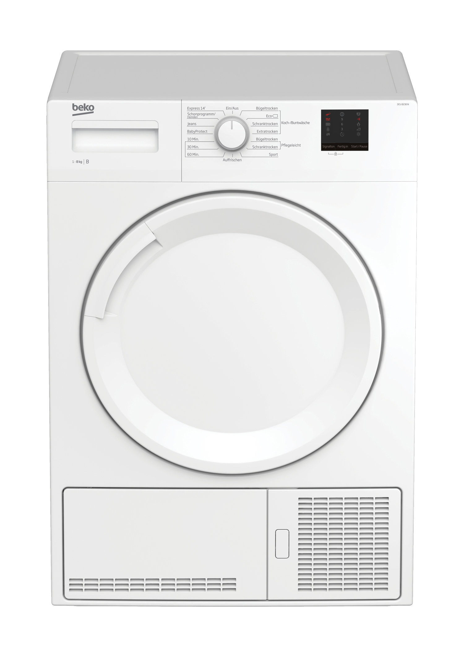 Ein weißer Beko-Trockner. Er hat ein Bedienfeld mit Einstellungen und ein digitales Display. Die Tür befindet sich in der Mitte.