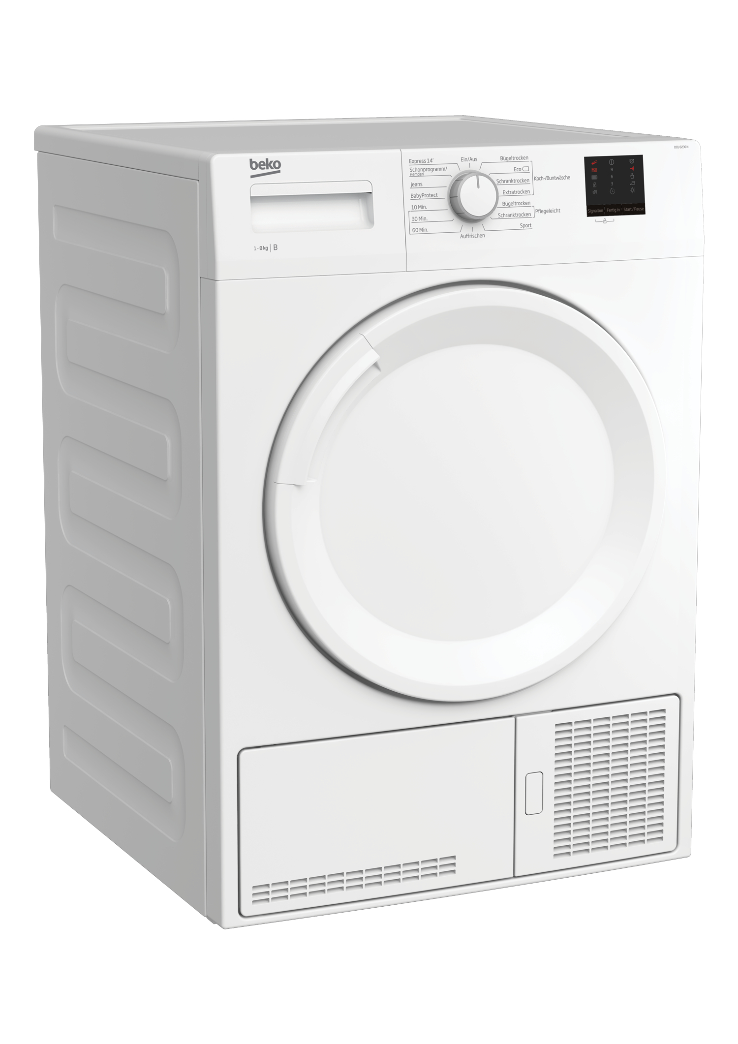 Ein weißer Beko-Trockner. Er hat ein Bedienfeld mit Knöpfen und einem Drehregler. Die Tür ist rund. Der Boden hat eine Belüftung.