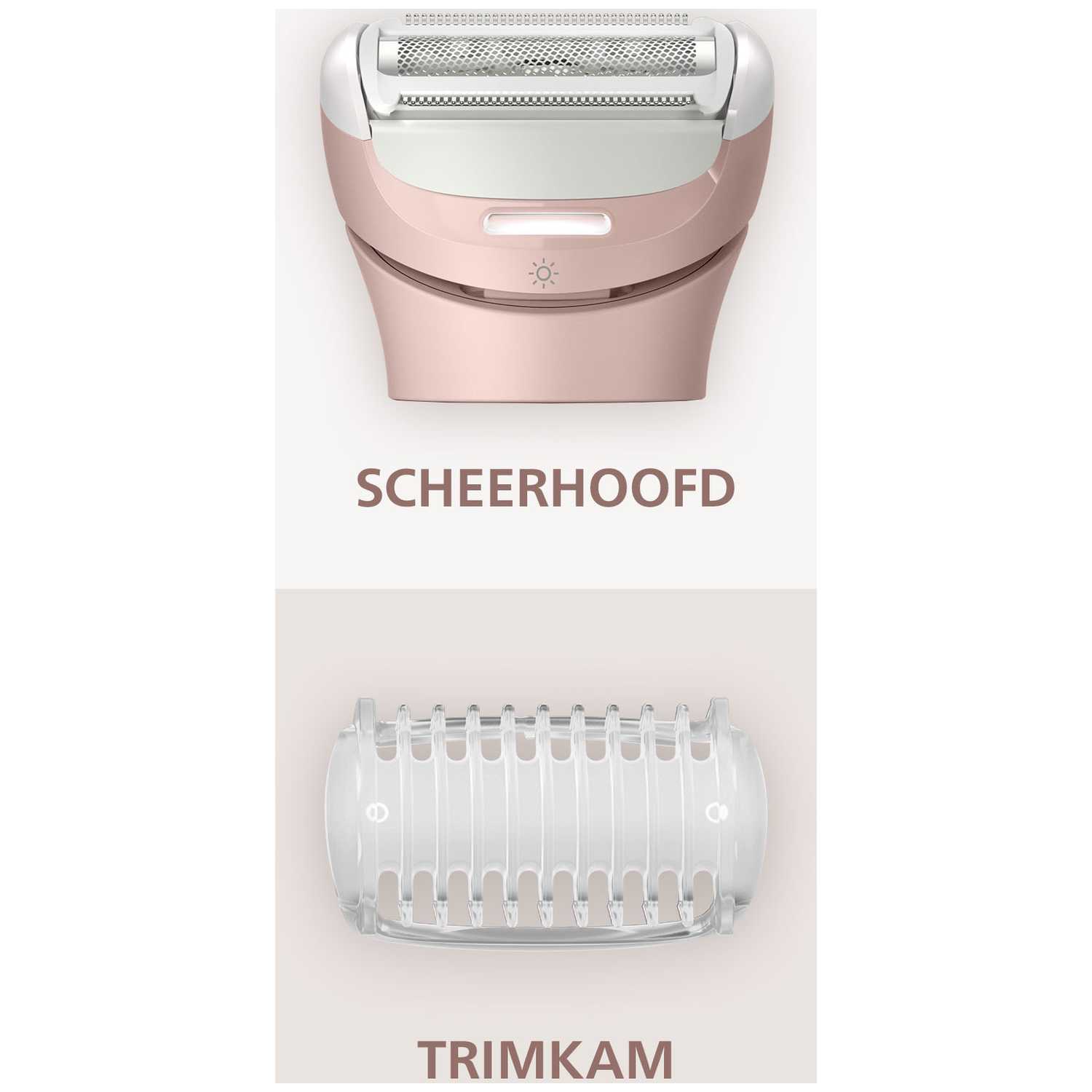 Bovenaanzicht van een roségouden elektrisch scheerapparaat met witte kop, en een transparante trimmer. Labels: 'SCHEERHOOFD' en 'TRIMKAM'.
