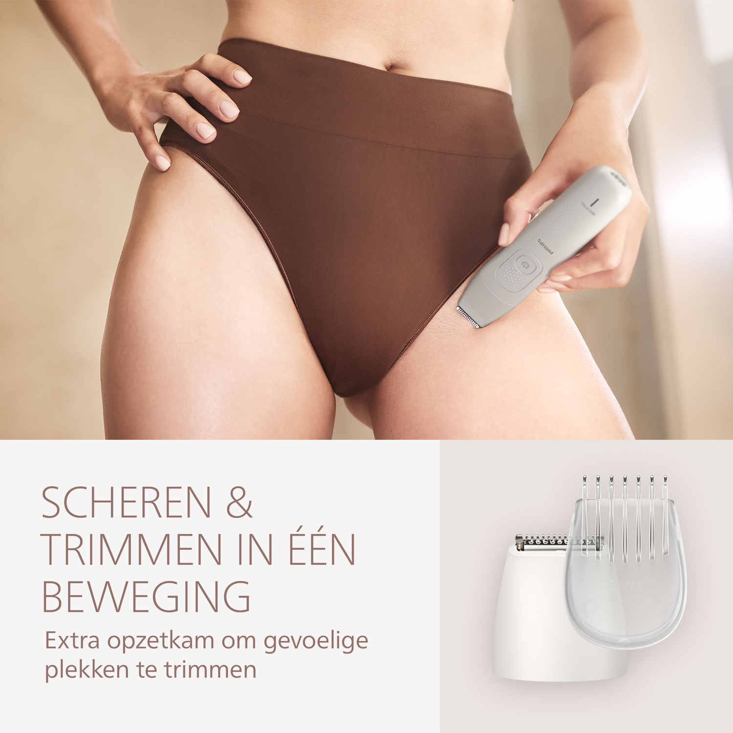 Een vrouw houdt een trimmer in de buurt van haar schaamstreek. De afbeelding toont ook de onderdelen van de trimmer en tekst die scheren en trimmen promoot.
