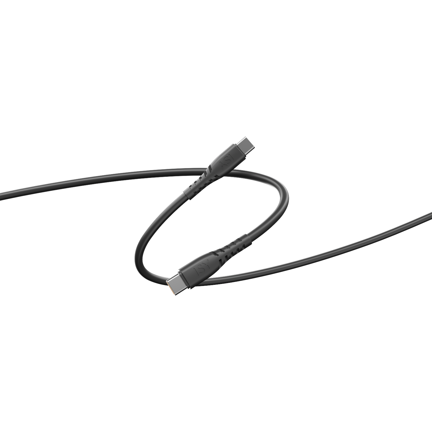 Un câble USB-C noir est courbé sur fond blanc. Le câble a deux connecteurs. La marque est visible sur un connecteur.