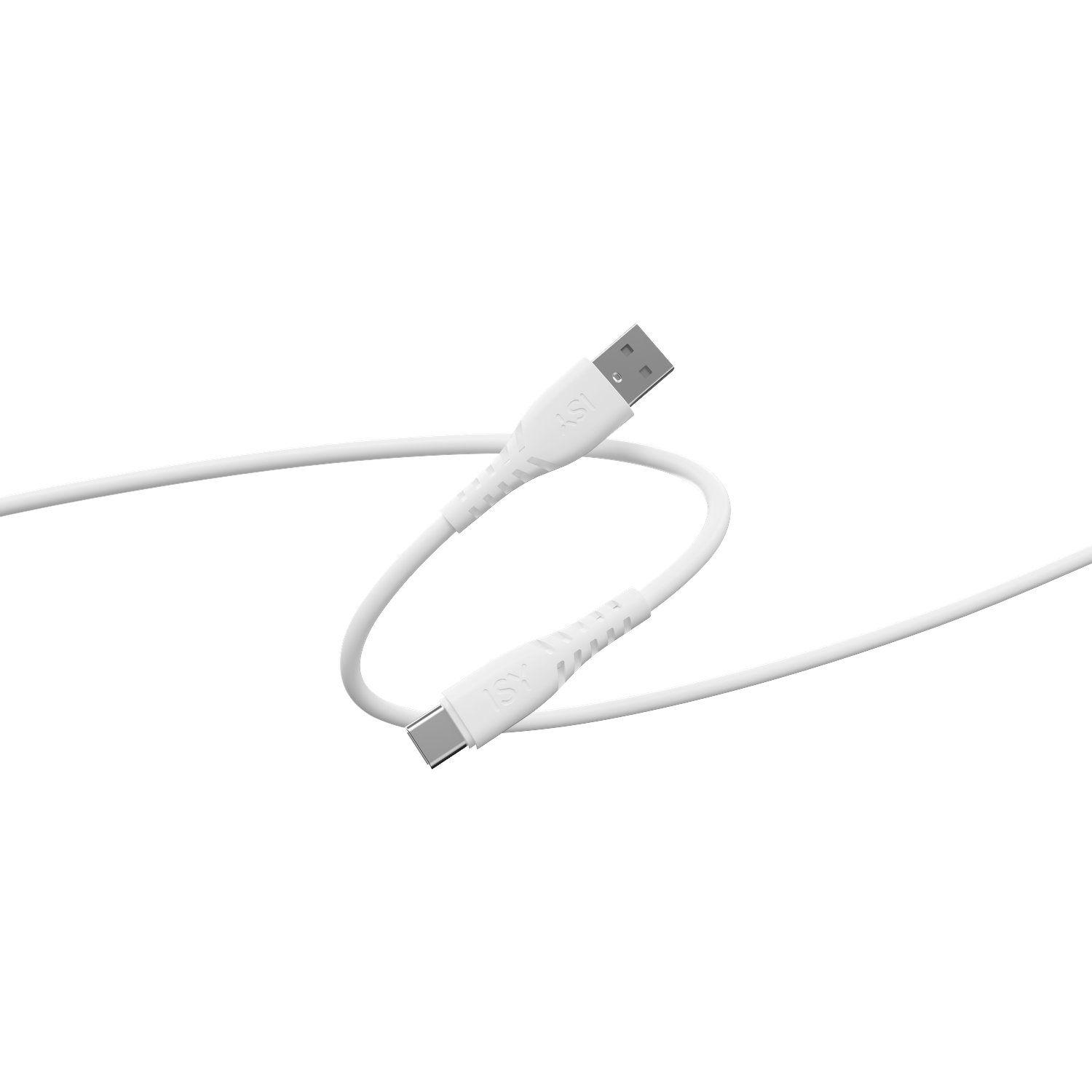 Een witte USB-C naar USB-A kabel op een witte achtergrond. De kabel is opgerold, met de USB-C en USB-A uiteinden zichtbaar.