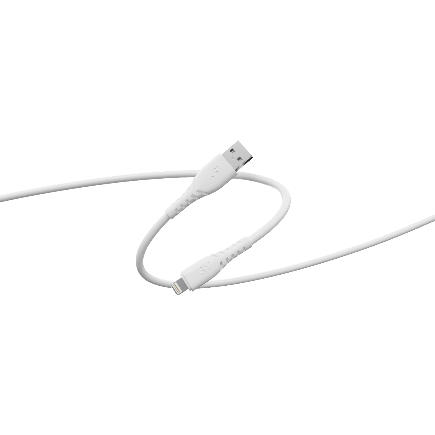 Een witte USB-oplaadkabel ligt tegen een witte achtergrond. De kabel heeft een USB-A-connector en een lightning-connector.