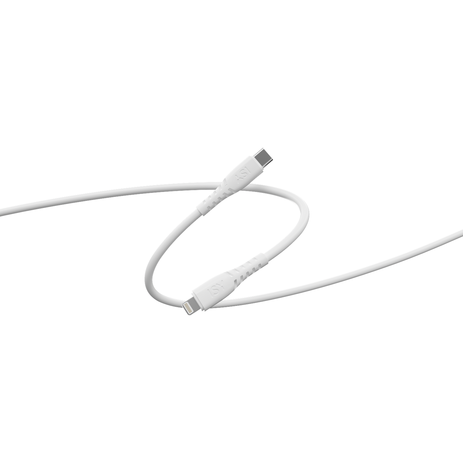 Un câble de charge blanc, avec un connecteur USB-C et Lightning, sur fond blanc.