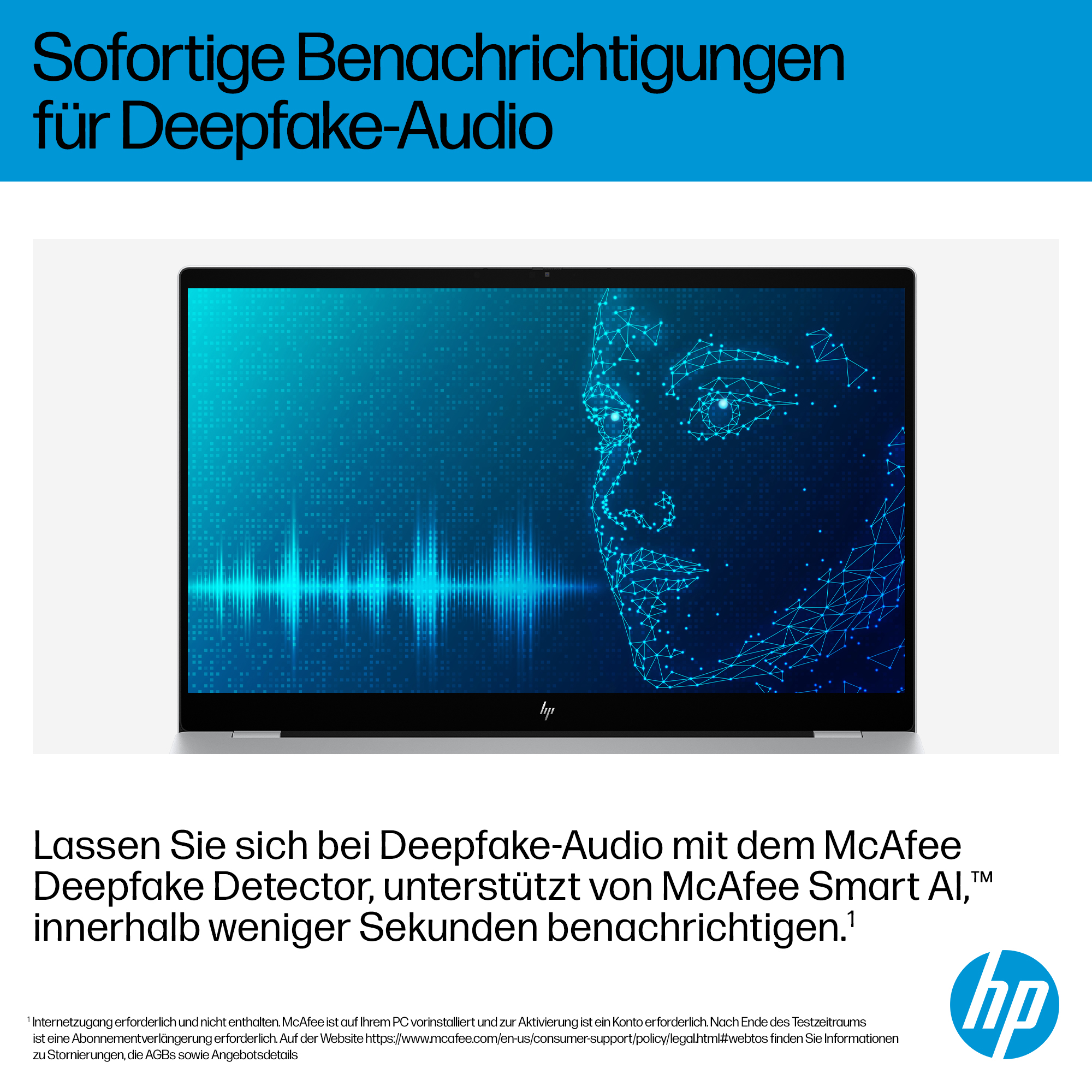 Ein HP-Laptop zeigt ein blaues digitales Gesicht mit einer Grafik der Schallwelle. Der Text oben lautet 'Deepfake Audio' und das 'HP'-Logo befindet sich unten.