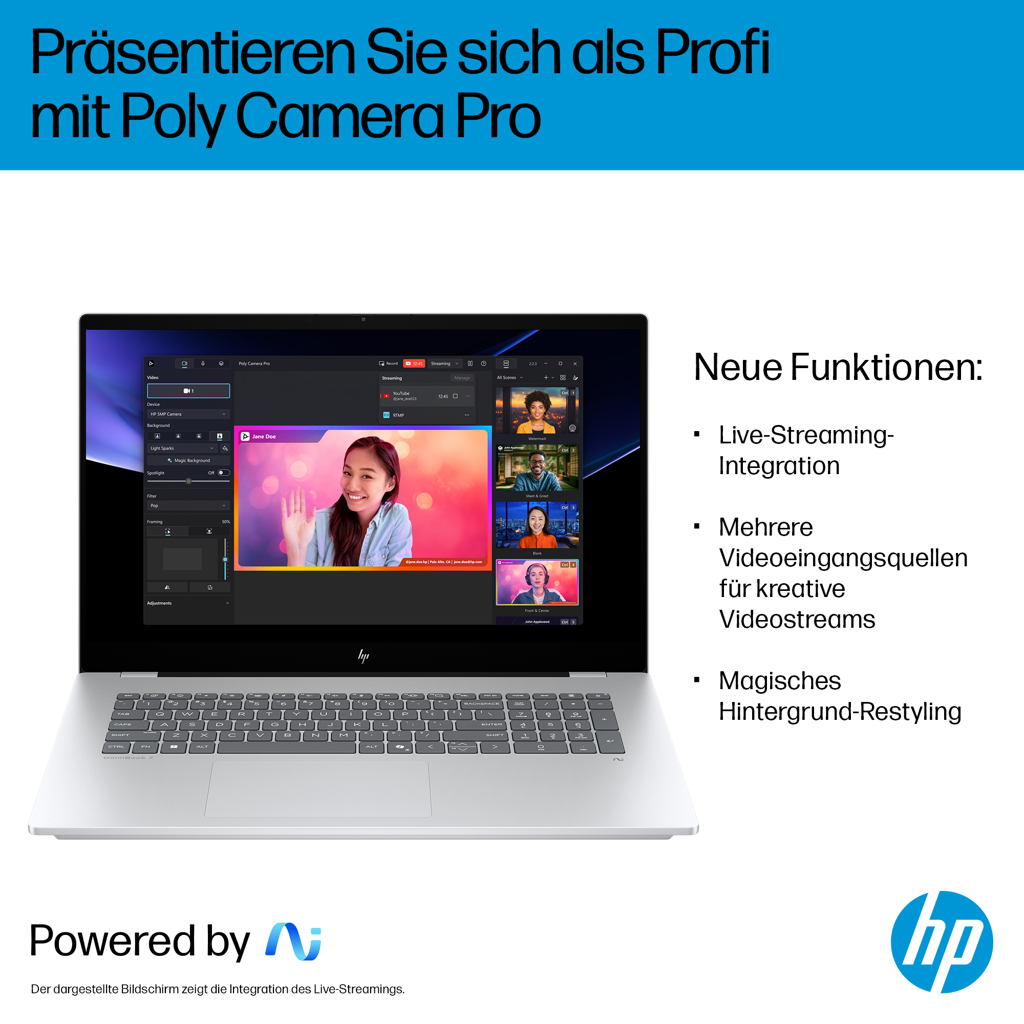 Laptop-Bildschirm mit Videoanruf-Oberfläche, eine winkende Frau. Text: Präsentieren Sie sich als Profi mit Poly Camera Pro.