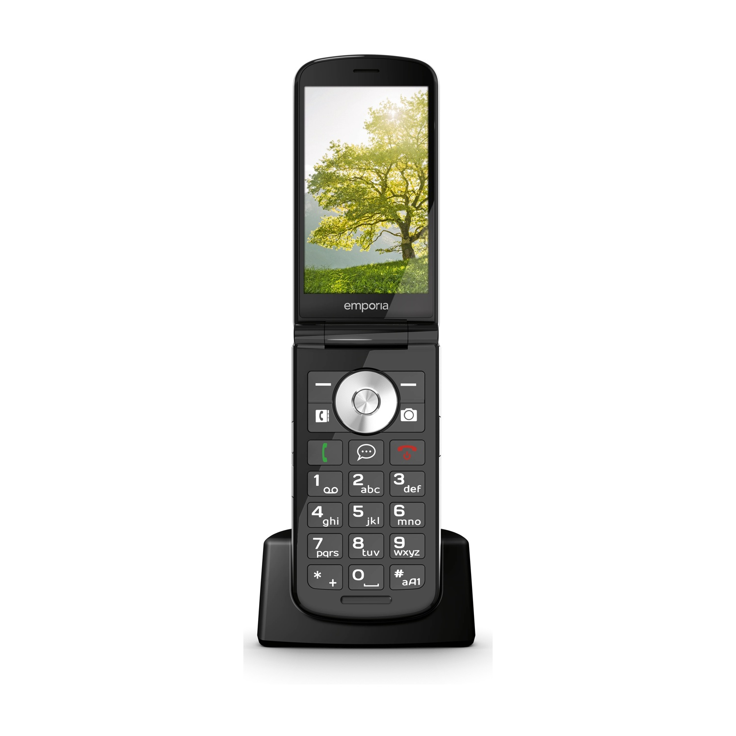 Telefono a conchiglia nero su base nera. Lo schermo mostra un albero in un paesaggio soleggiato. Tasti grandi.
