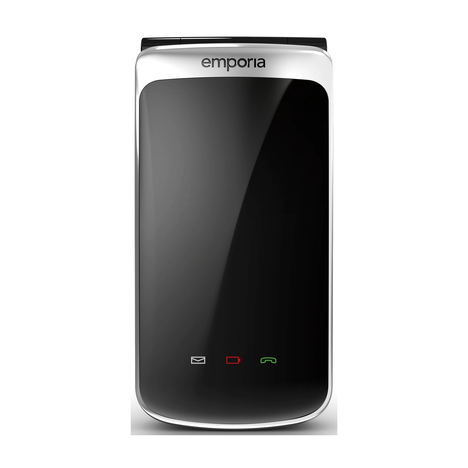 Uno smartphone bianco e nero con il marchio 'emporia'. Lo schermo è nero con icone in basso. Lo sfondo è bianco.