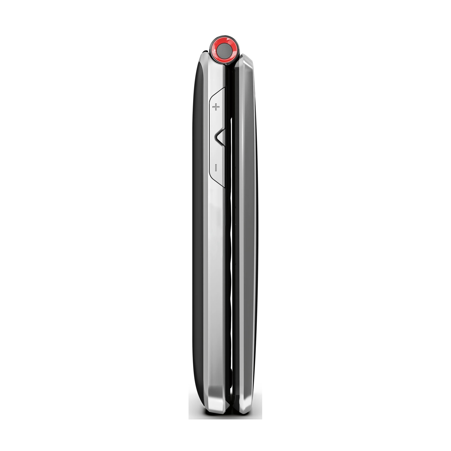 Vista verticale di un dispositivo nero e argento con un pulsante rosso in alto. Tasti volume sul lato.