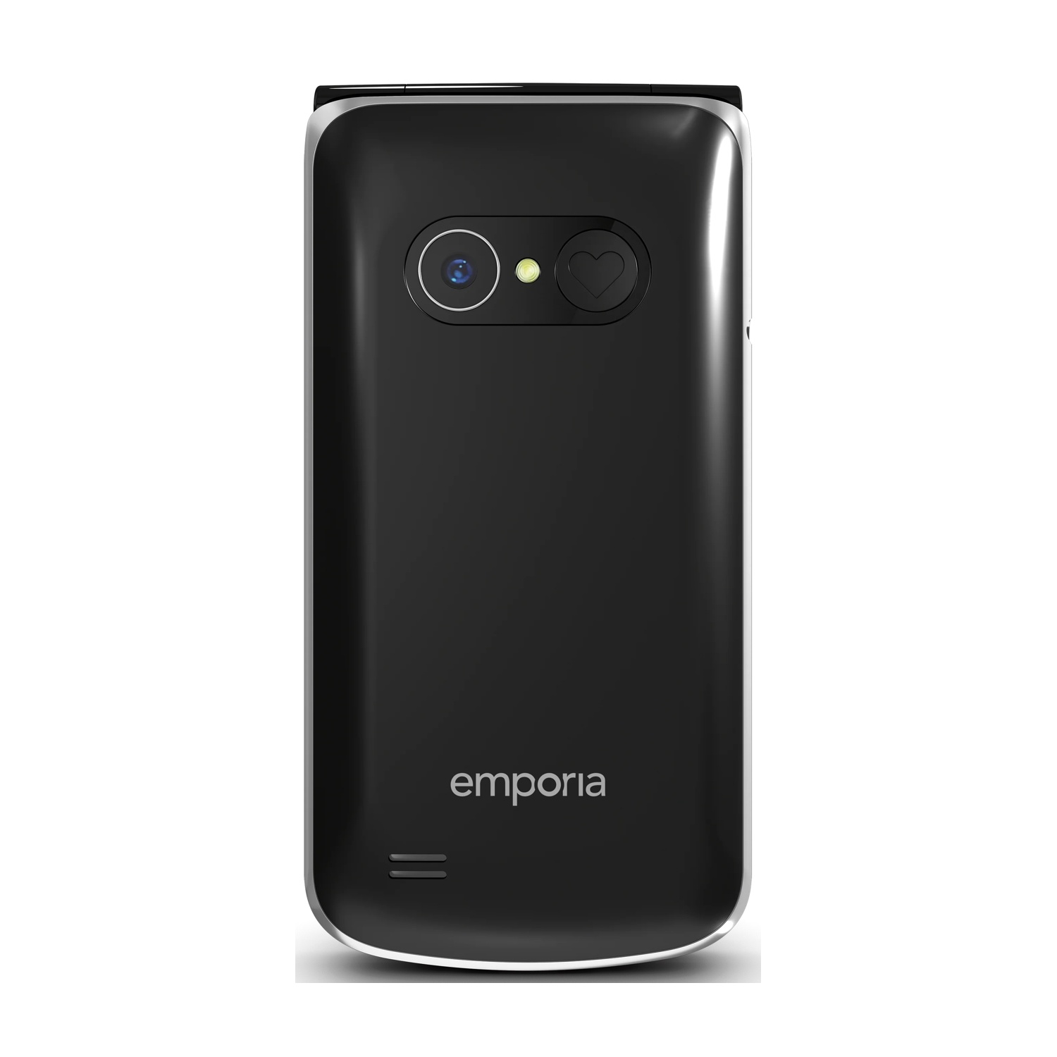 Telefono a conchiglia Emporia nero, fotocamera e pulsante a cuore. Rifinitura argentata e logo Emporia. Sfondo bianco.