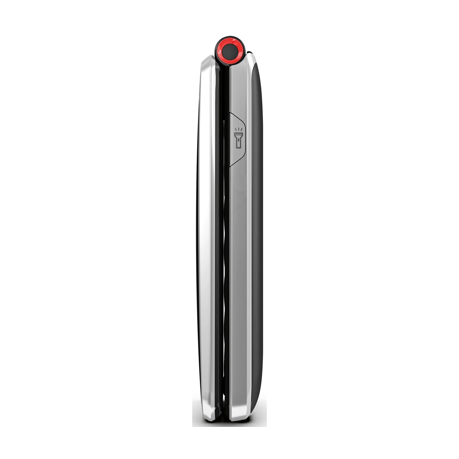 Un dispositivo chiuso, argento e nero con un pulsante rosso in alto. Un'icona della torcia è visibile. Sfondo bianco.