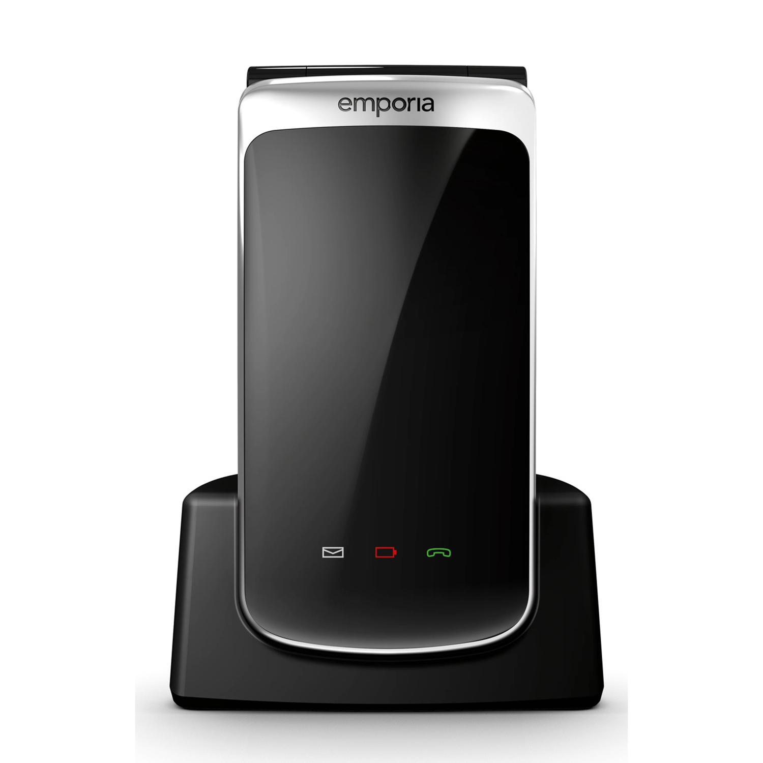 Telefono Emporia nero in una base nera. Lo schermo mostra icone. Rifinitura bianca. Logo Emporia in alto. Sfondo bianco.