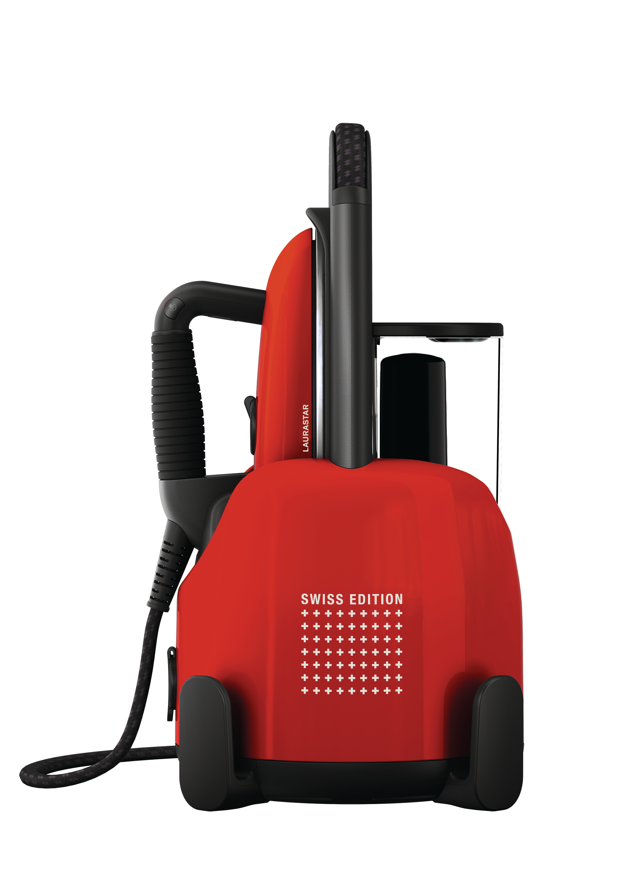 Ein rot-schwarzes Dampfbügeleisen, Swiss Edition, auf weißem Hintergrund. Das Bügeleisen hat einen schwarzen Griff und einen Wassertank.