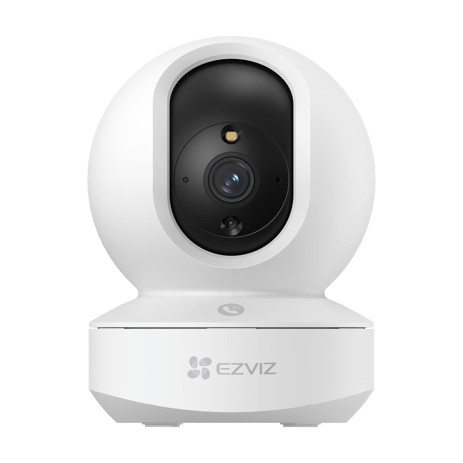 Telecamera di sicurezza EZVIZ bianca. Ha una testa rotonda con area lente nera e base quadrata con logo EZVIZ.