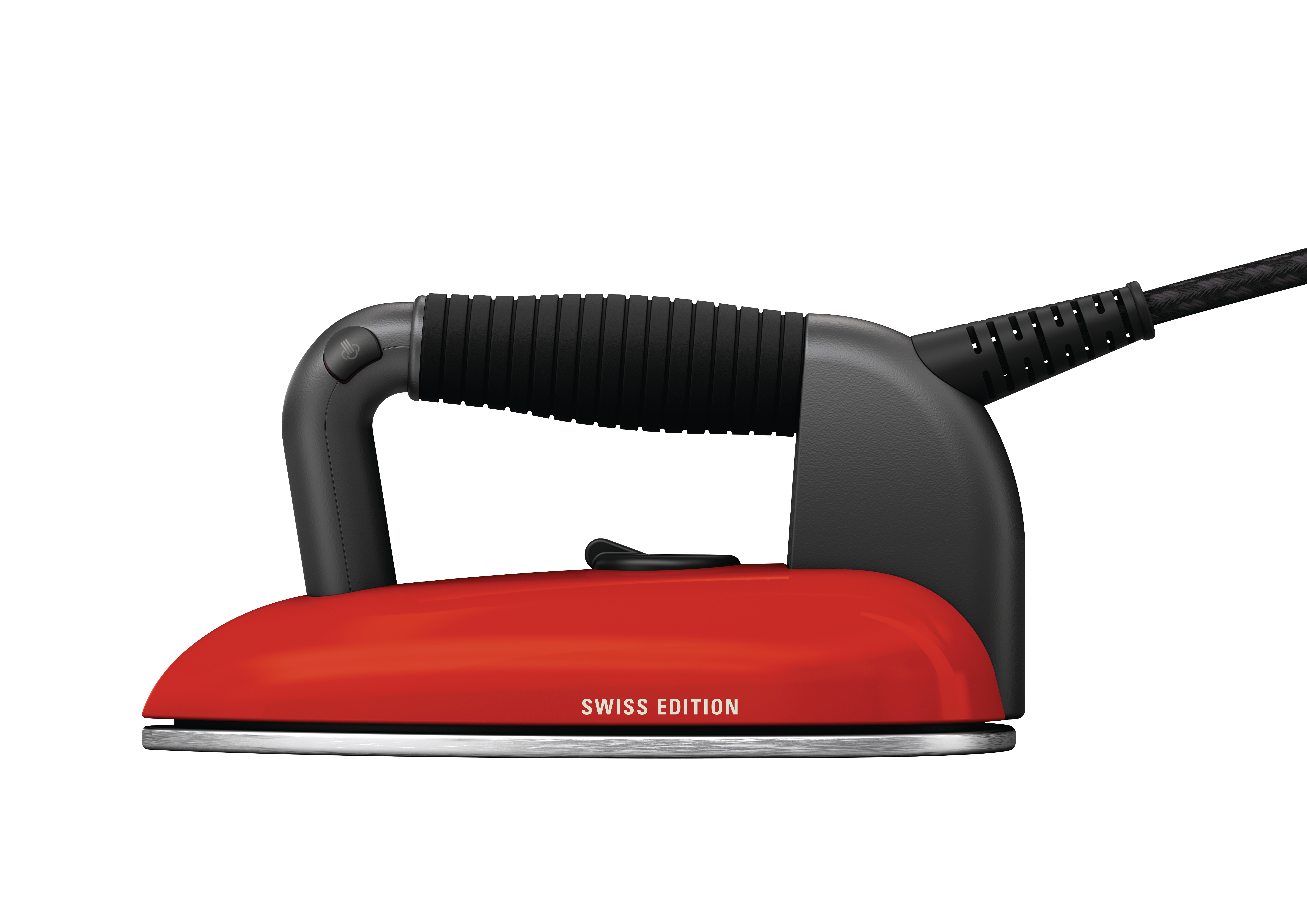 Ein rotes und schwarzes Bügeleisen. Es hat einen schwarzen Griff, eine rote Basis und ein schwarzes Kabel. Die Aufschrift "SWISS EDITION" ist sichtbar.