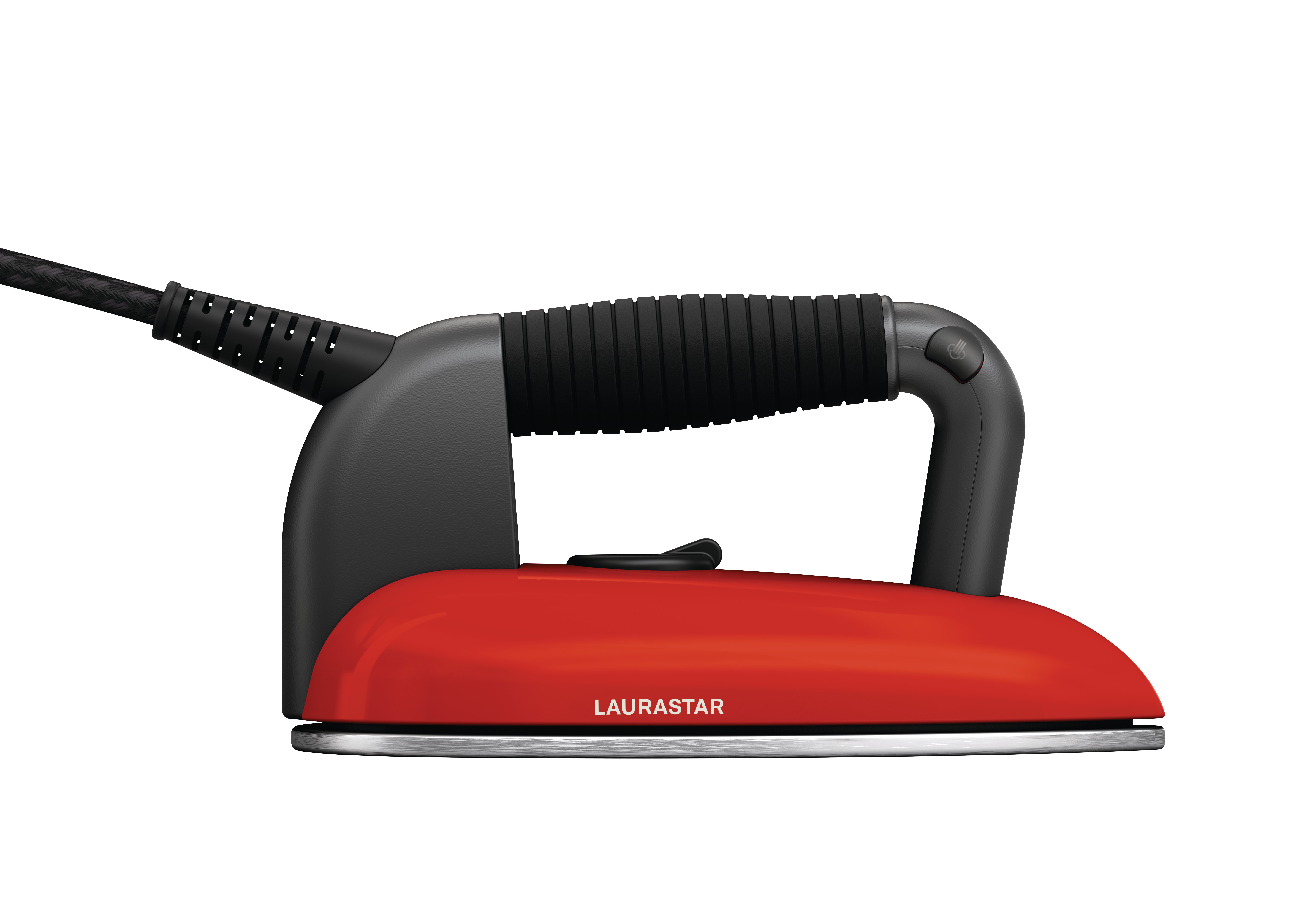 Rotes und schwarzes Bügeleisen mit Griff. Die Marke 'LAURASTAR' ist sichtbar. Ein schwarzes Kabel ist angeschlossen.