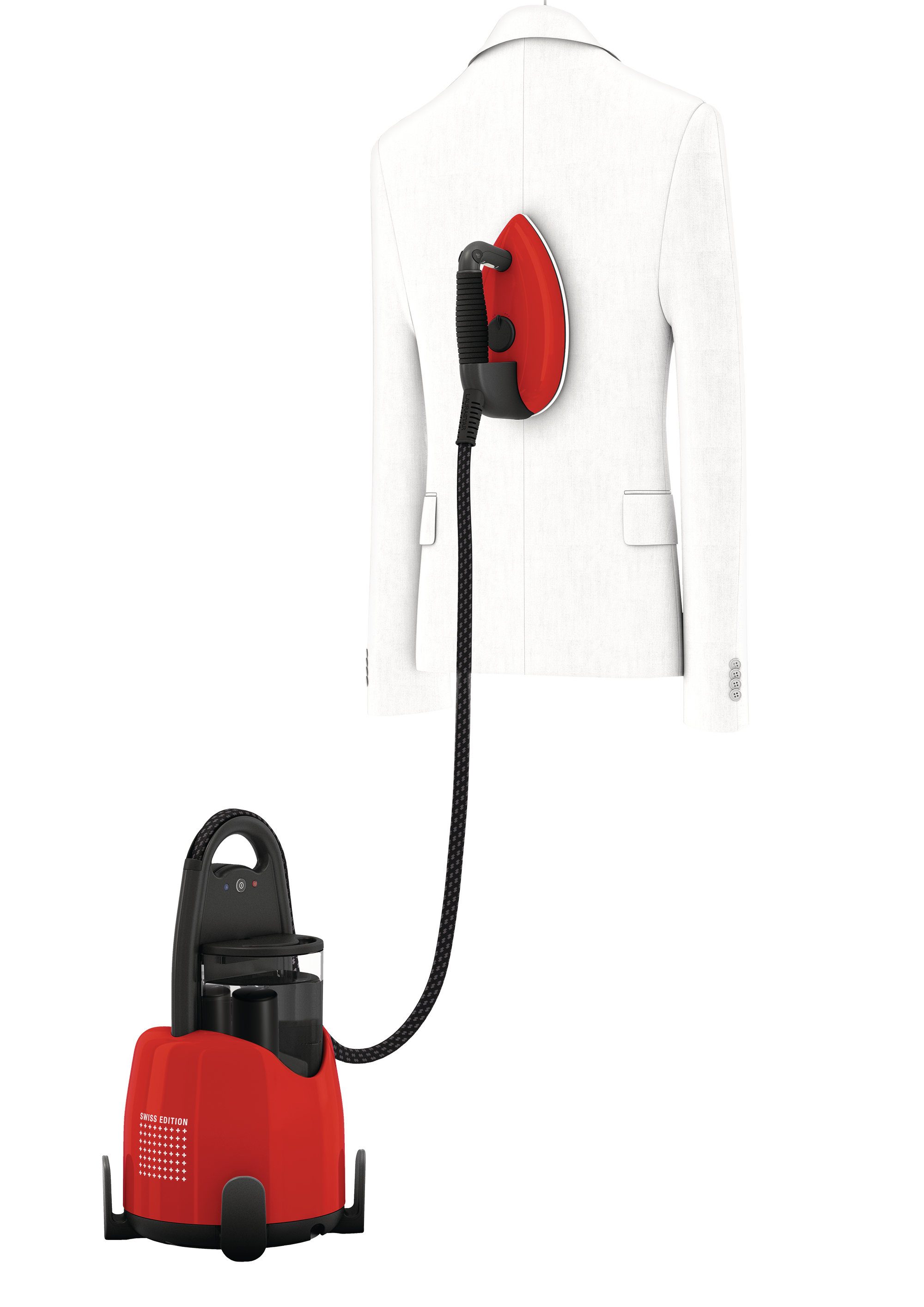 Ein roter und schwarzer Kleidungsdampfer ist an einer weißen Jacke befestigt. Der Dampfer ist über ein schwarzes Kabel verbunden.