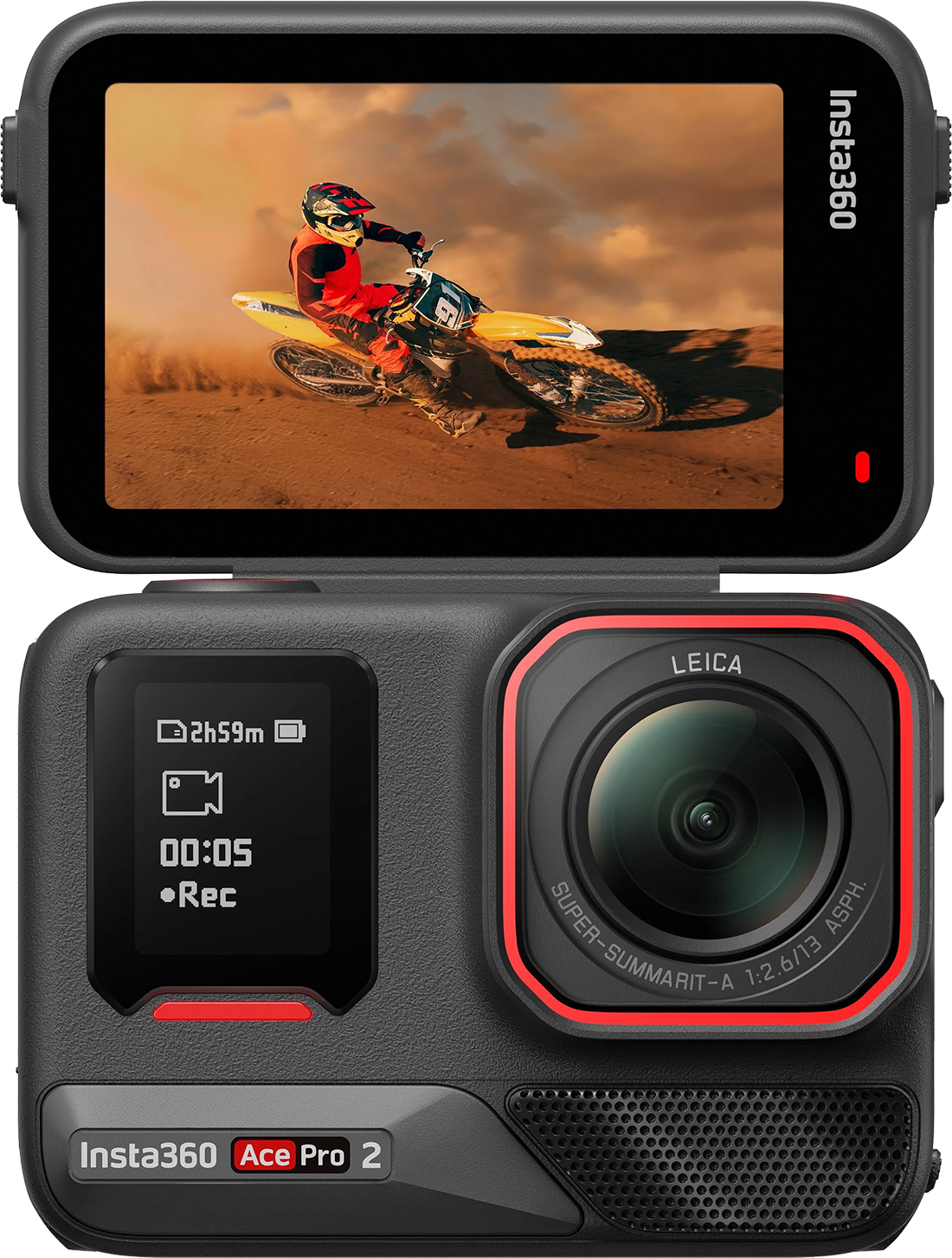 Insta360 Ace Pro 2 Kamera mit Motocross-Fahrer auf dem Bildschirm. Die Kamera hat ein Leica-Objektiv.