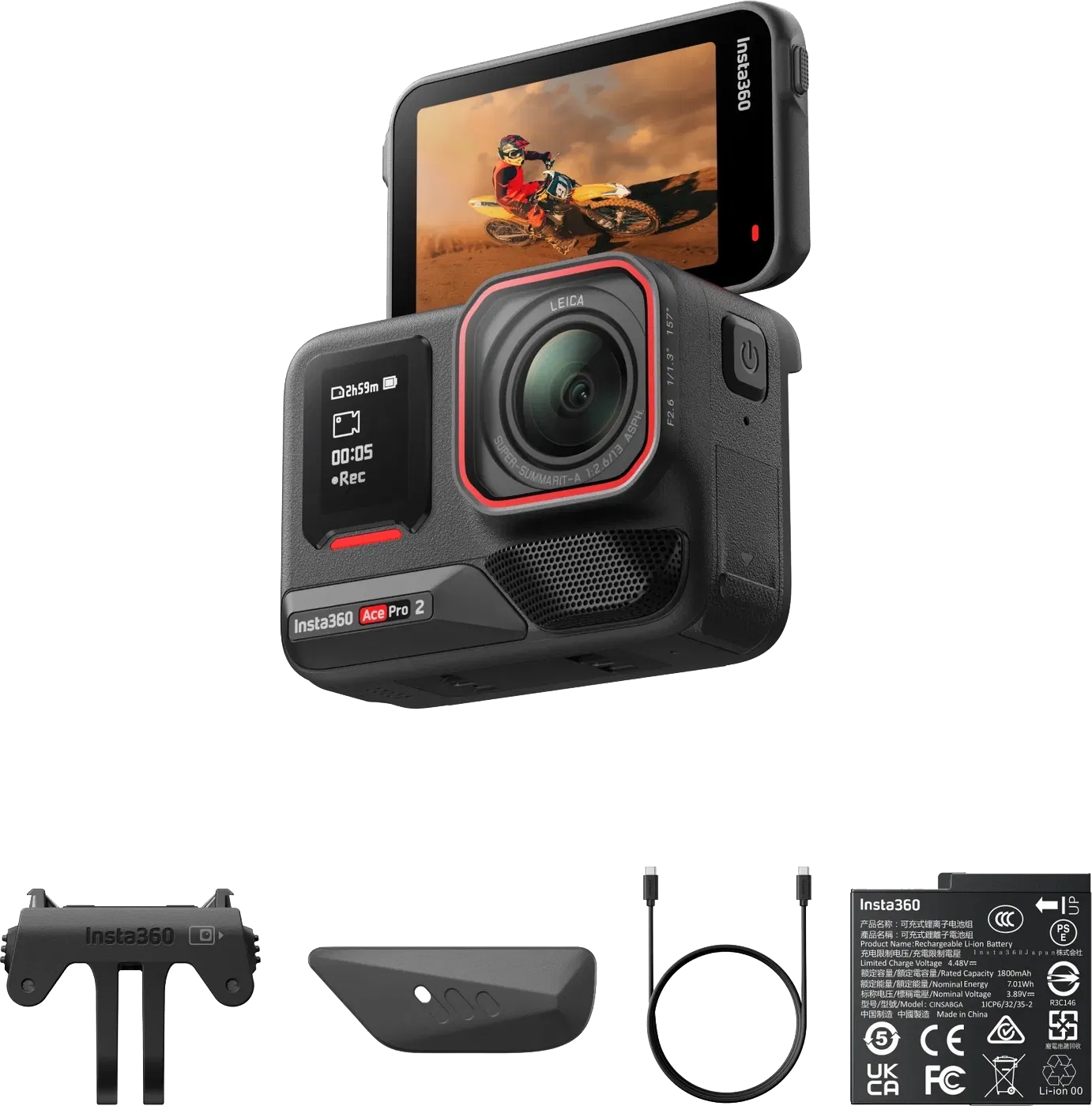 Schwarze Insta360 Ace Pro 2 Kamera mit Bildschirm, der eine Motocross-Szene zeigt. Zubehör sind Halterung, Abdeckung, Kabel und Akku.