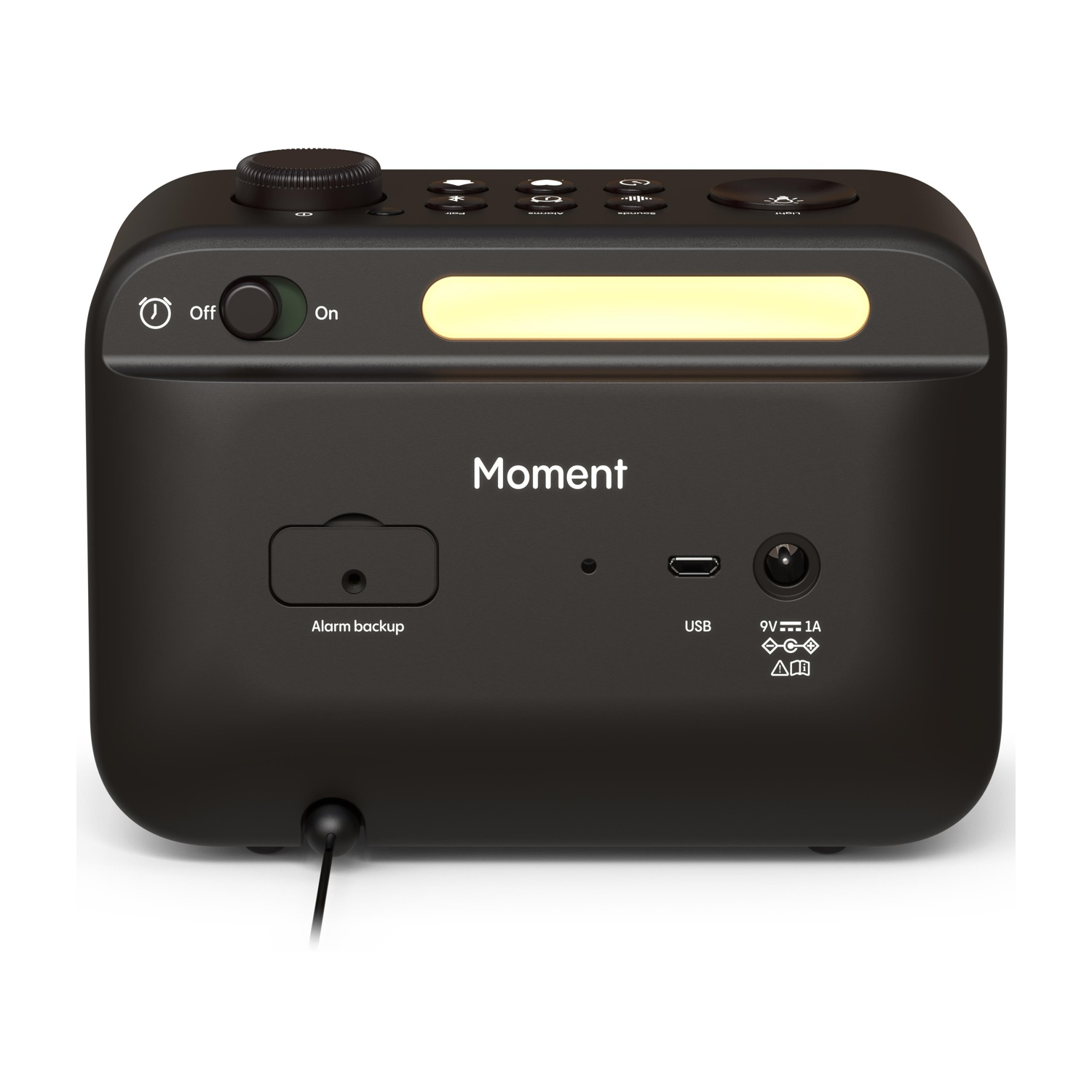 Una sveglia nera con pulsanti, una striscia luminosa e la parola 'Moment'. Ha un interruttore on/off.