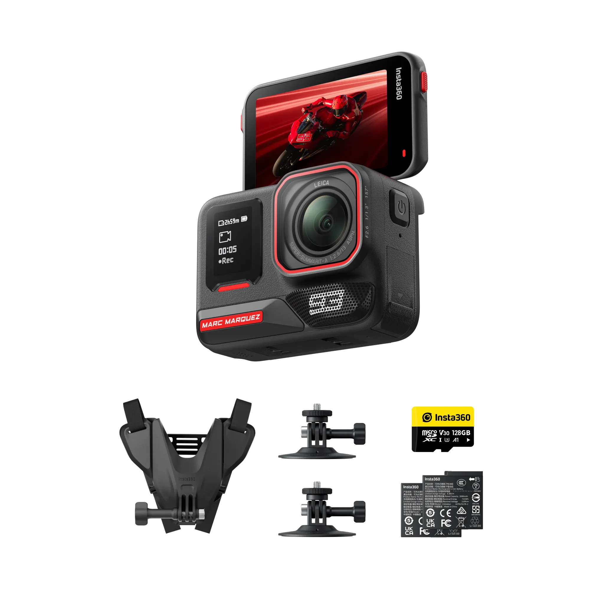 Insta360 Kamera mit Zubehör. Ein Motorrad auf dem Bildschirm. Inklusive Halterung, Speicherkarte und Akku.