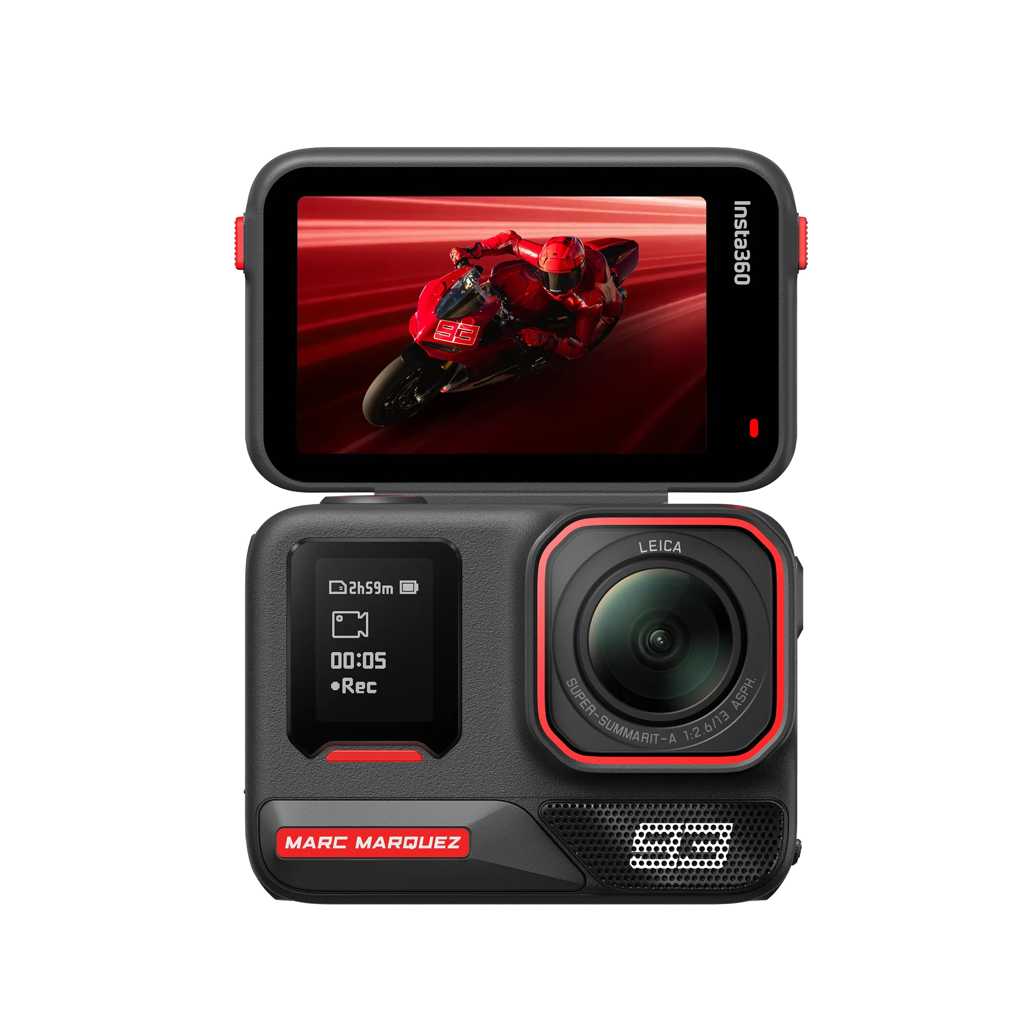 Schwarze Insta360-Kamera. Der Bildschirm zeigt ein rotes Motorradrennen. Darunter befindet sich eine Kamera mit dem Marc Marquez-Logo.