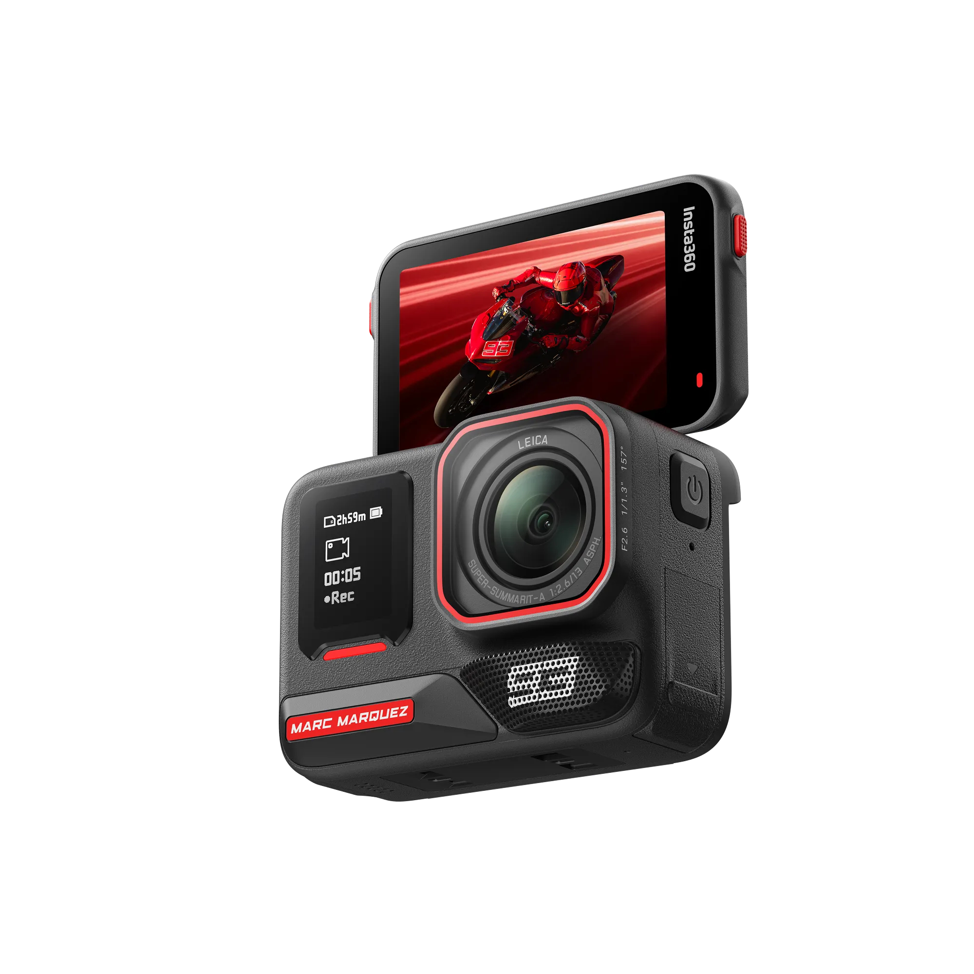 Eine schwarze Insta360-Kamera zeigt einen Motorradrennfahrer auf dem Bildschirm. Sie hat ein Leica-Objektiv und das Marc Marquez-Logo.