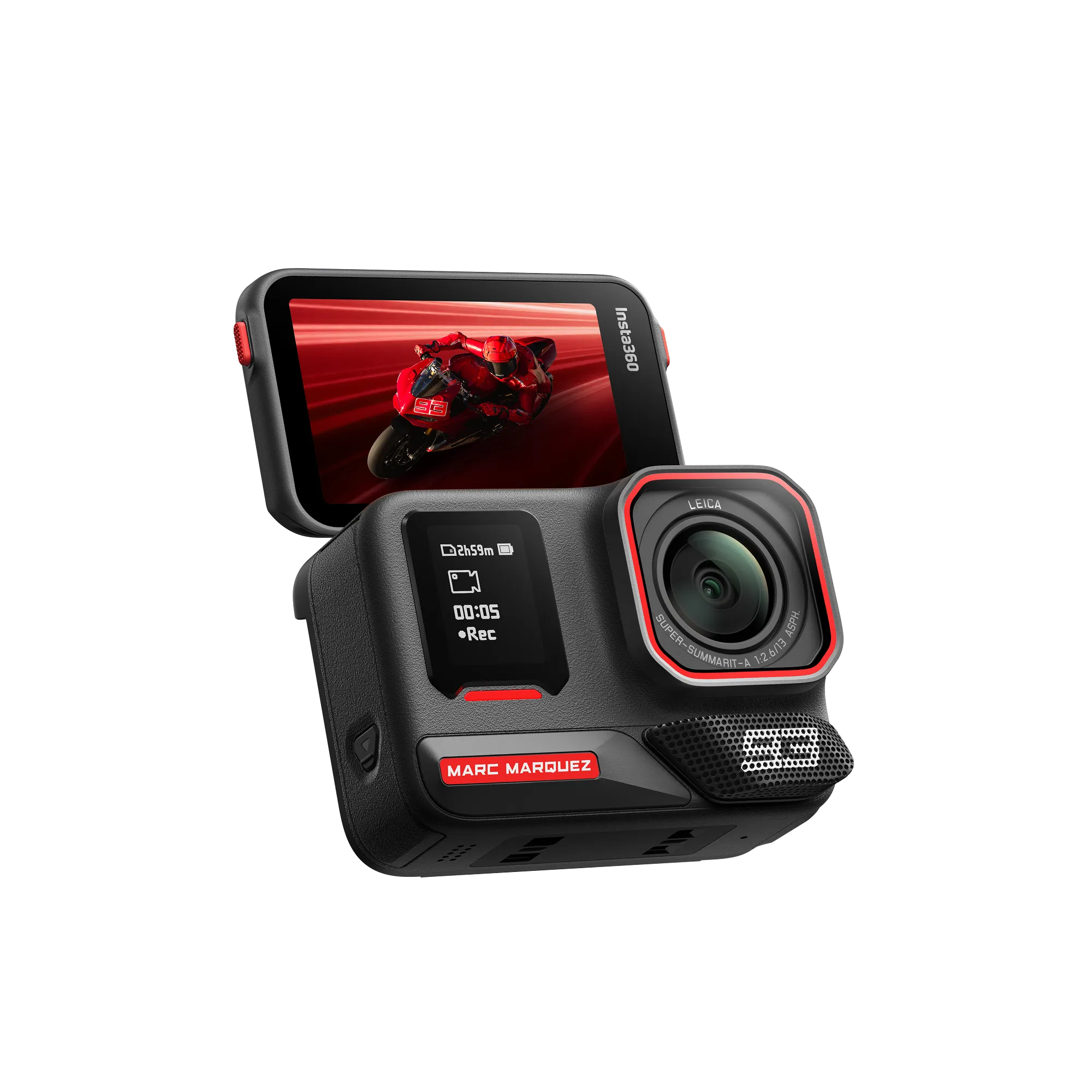 Schwarze Insta360-Kamera mit Bildschirm, der ein Motorradrennen zeigt. Rote Akzente und das Leica-Logo sind sichtbar.