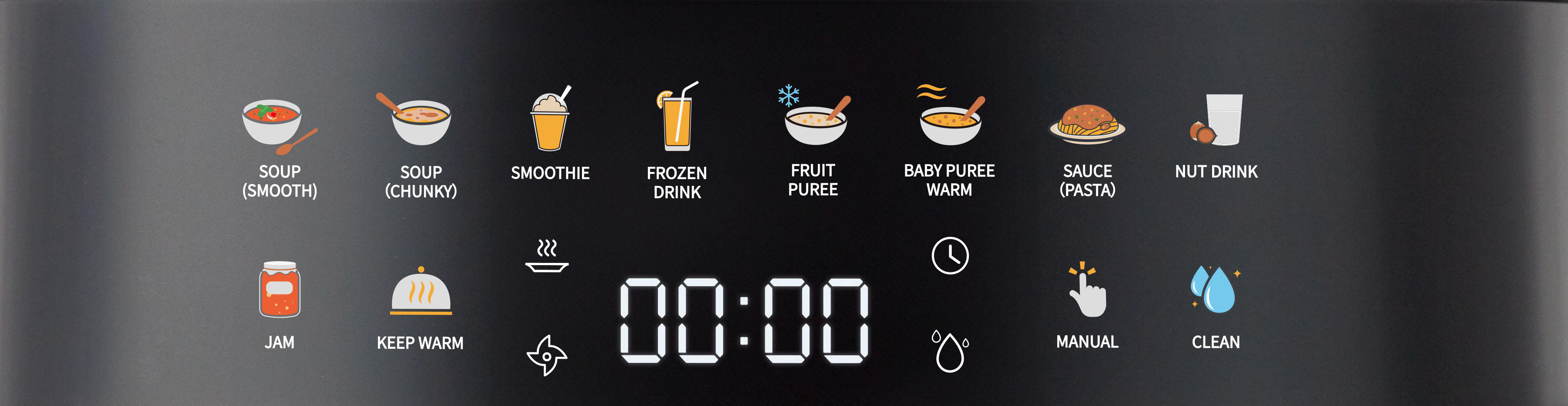 Eine schwarze Steuerungstafel mit Essenssymbolen wie Suppe, Smoothie und gefrorenem Getränk, sowie eine Digitalanzeige.