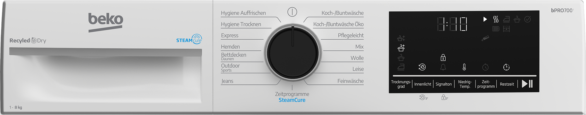 Eine weiße Beko-Trockner-Bedienblende mit Drehknopf, Knöpfen und Digitalanzeige für Einstellungen und Zeit.