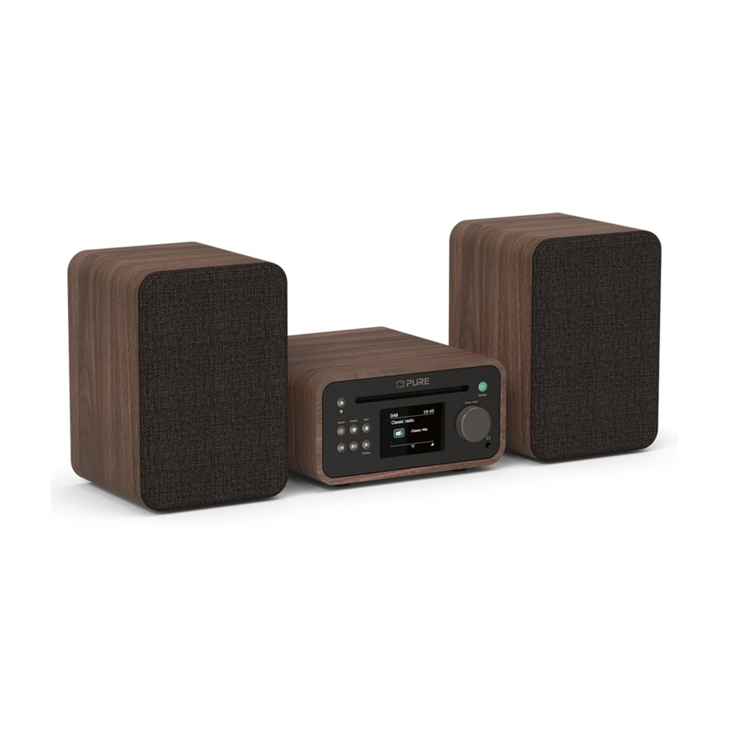 Un impianto stereo in legno con due altoparlanti e un'unità centrale con display e comandi. Gli altoparlanti hanno un frontale in tessuto scuro.