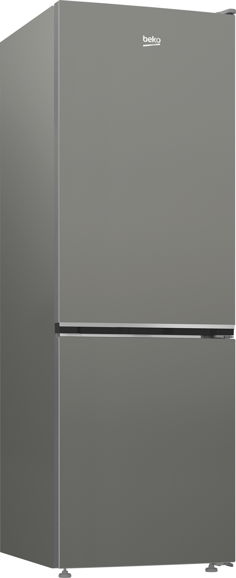 Ein grauer Beko-Kühlschrank. Der obere Teil hat das Beko-Logo. Der untere Teil hat einen Griff. Er steht auf kleinen Füßen.
