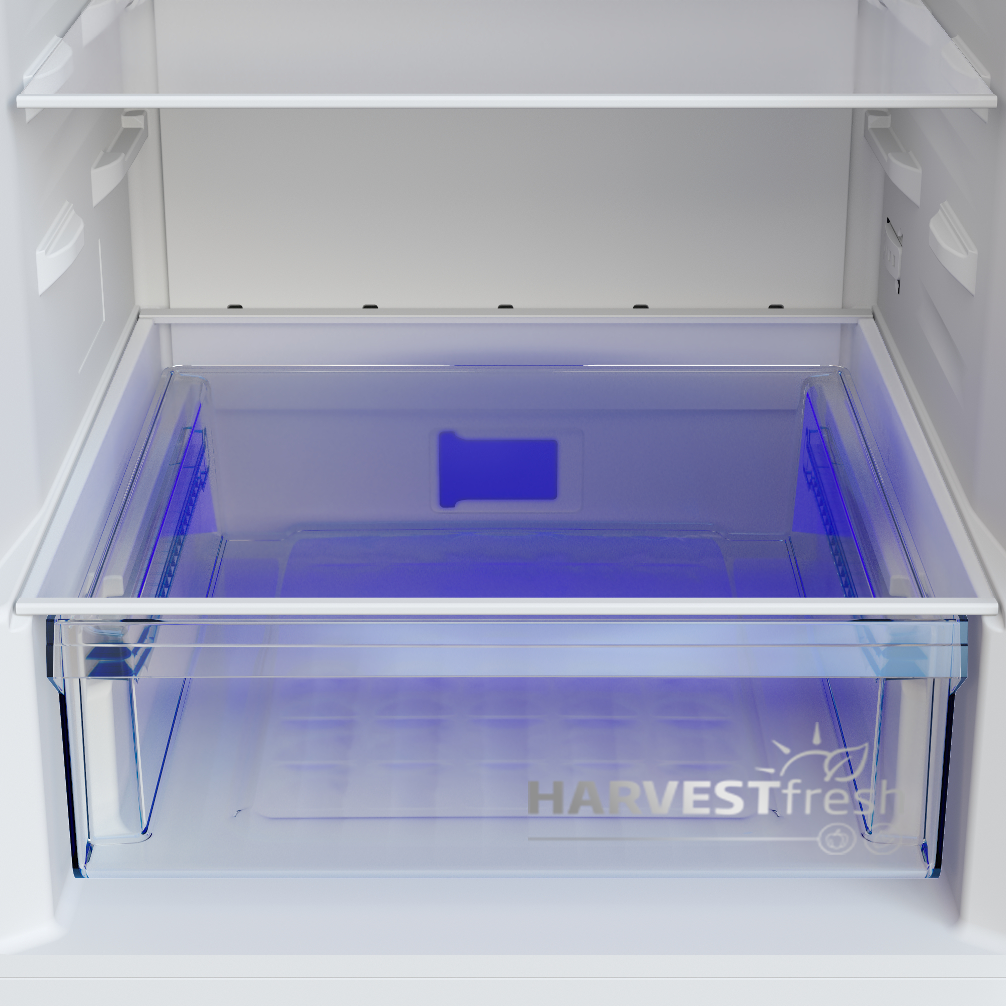 In einem Kühlschrank eine transparente Schublade mit blauem Licht und dem Text 'HARVESTfresh'.