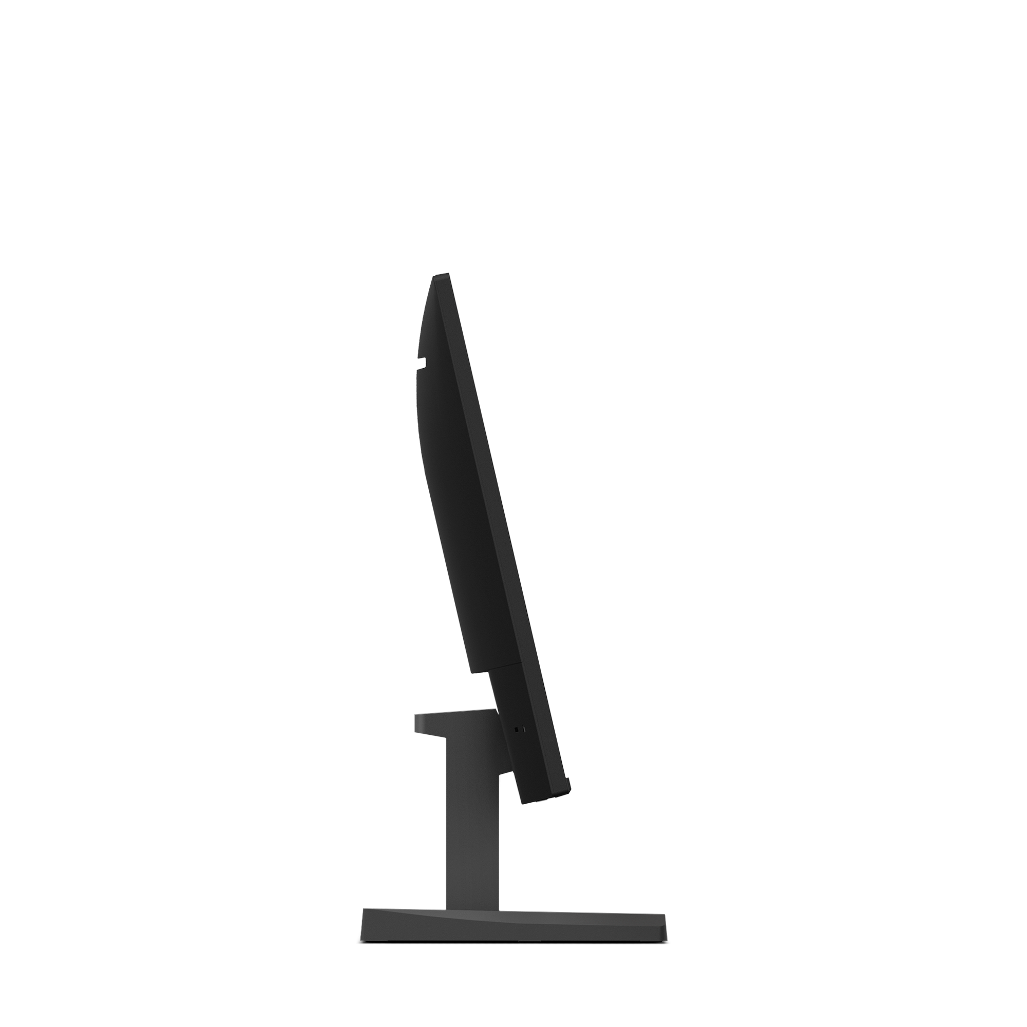 Un écran d'ordinateur noir, vue latérale, incliné. Il a un écran rectangulaire, un support et une base.
